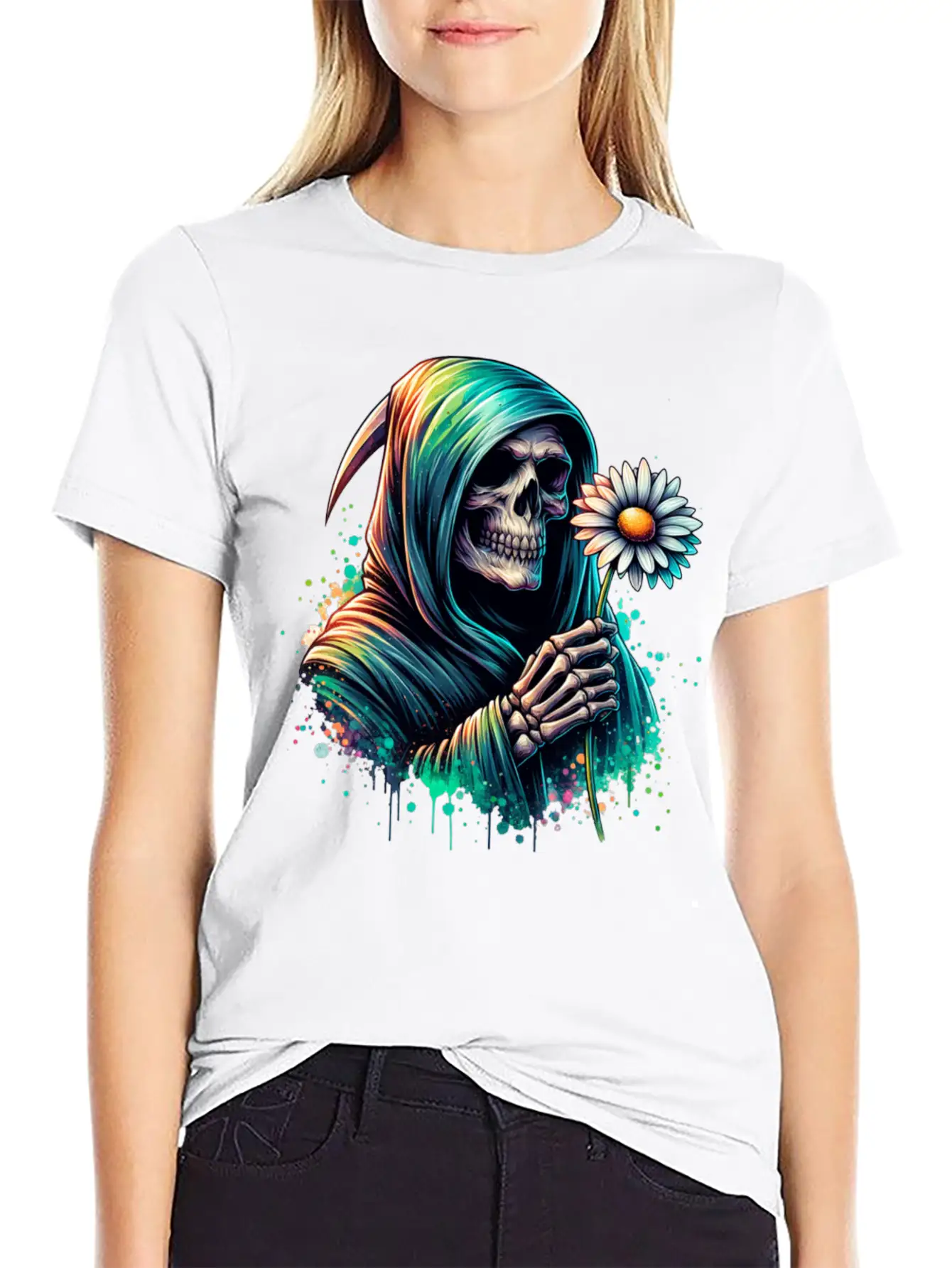 Grim Reaper Holding Daisy Flower Unisex Casual T-Shirt – Clean Design For Daily Comfort