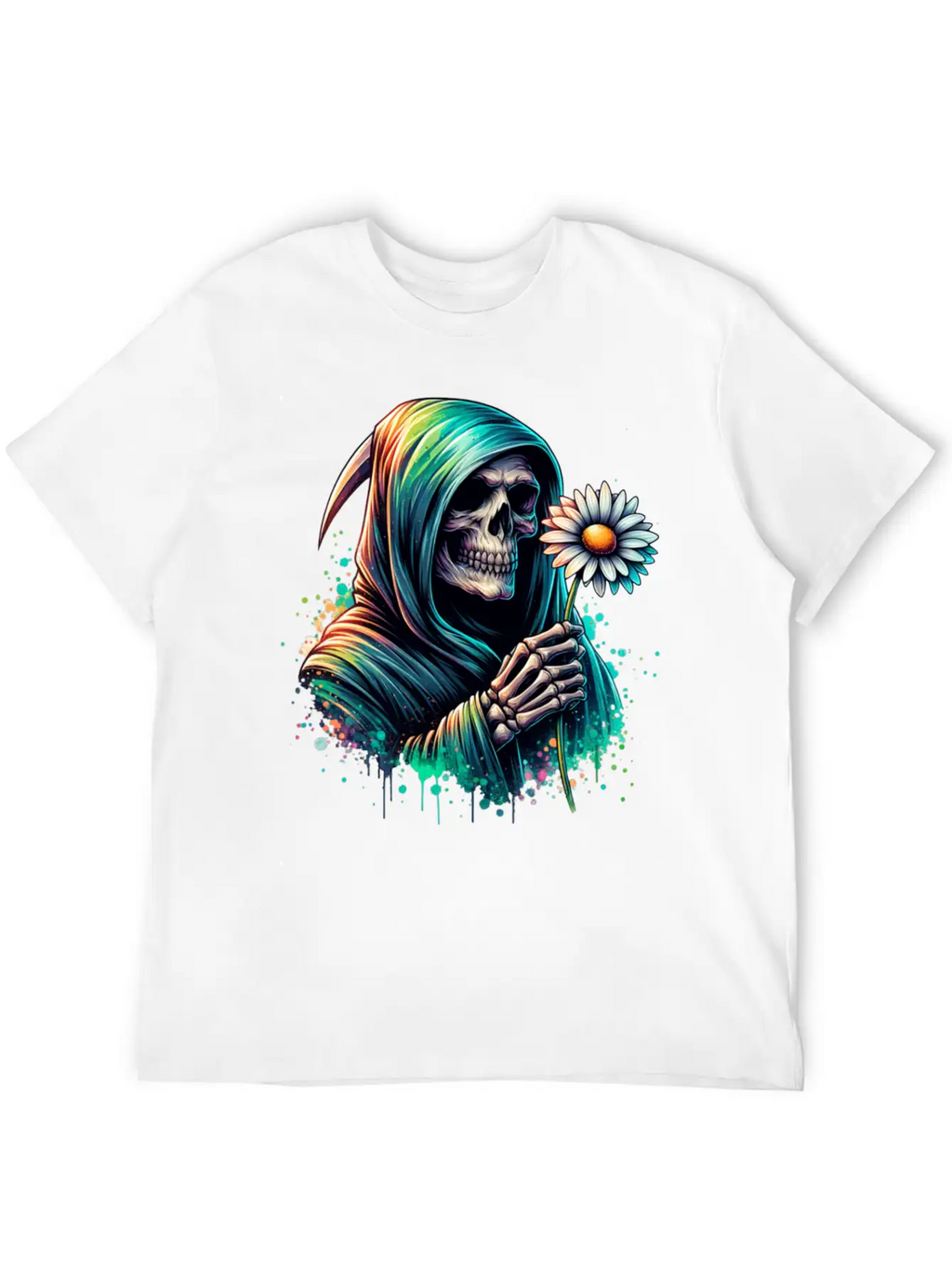 Grim Reaper Holding Daisy Flower Unisex Casual T-Shirt – Clean Design For Daily Comfort