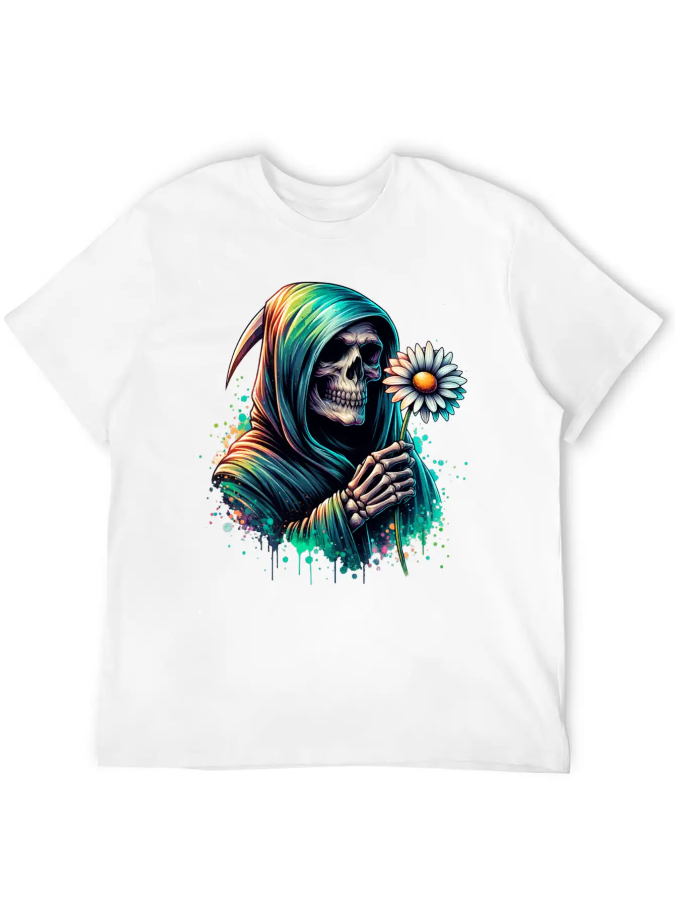 Grim Reaper Holding Daisy Flower Unisex Casual T-Shirt – Clean Design For Daily Comfort