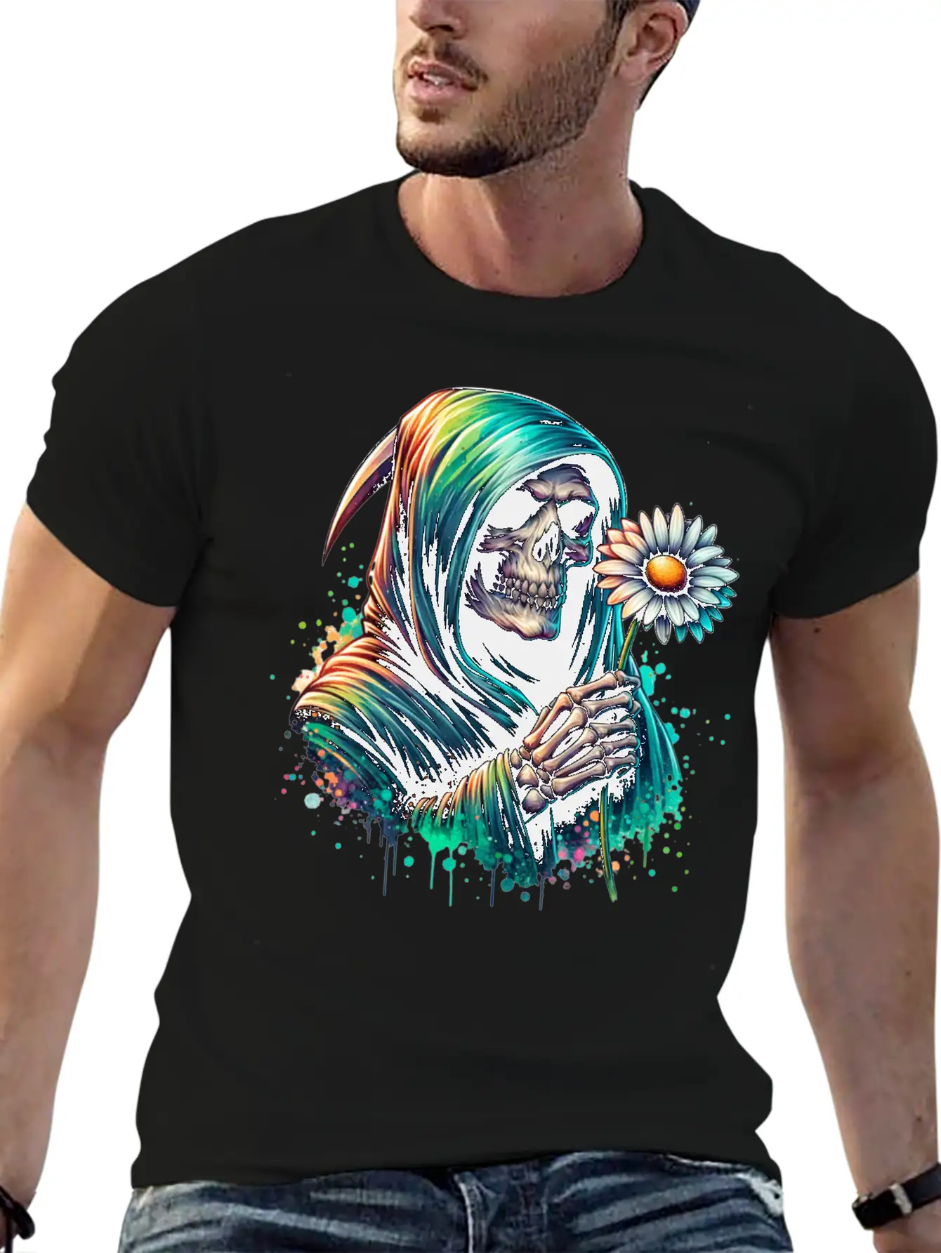 Grim Reaper Holding Daisy Flower Unisex Casual T-Shirt – Clean Design For Daily Comfort