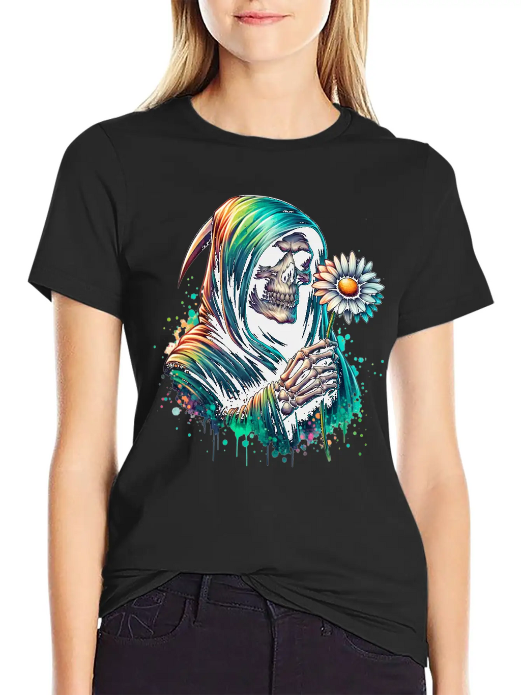 Grim Reaper Holding Daisy Flower Unisex Casual T-Shirt – Clean Design For Daily Comfort
