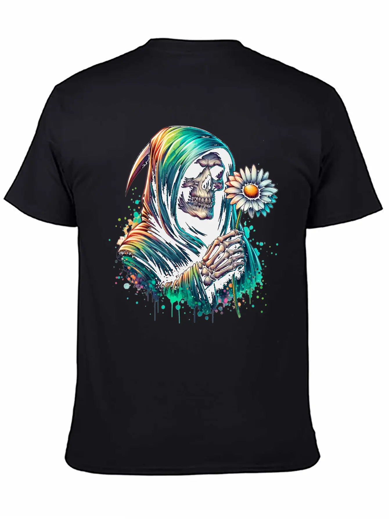 Grim Reaper Holding Daisy Flower Unisex Casual T-Shirt – Clean Design For Daily Comfort