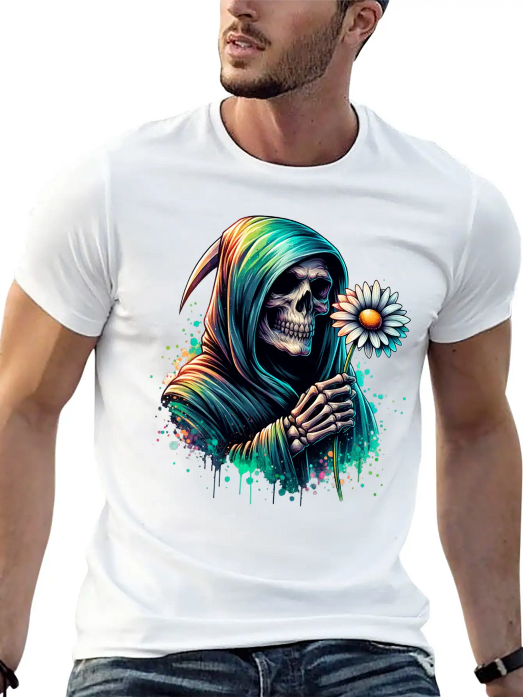 Grim Reaper Holding Daisy Flower Unisex Casual T-Shirt – Clean Design For Daily Comfort