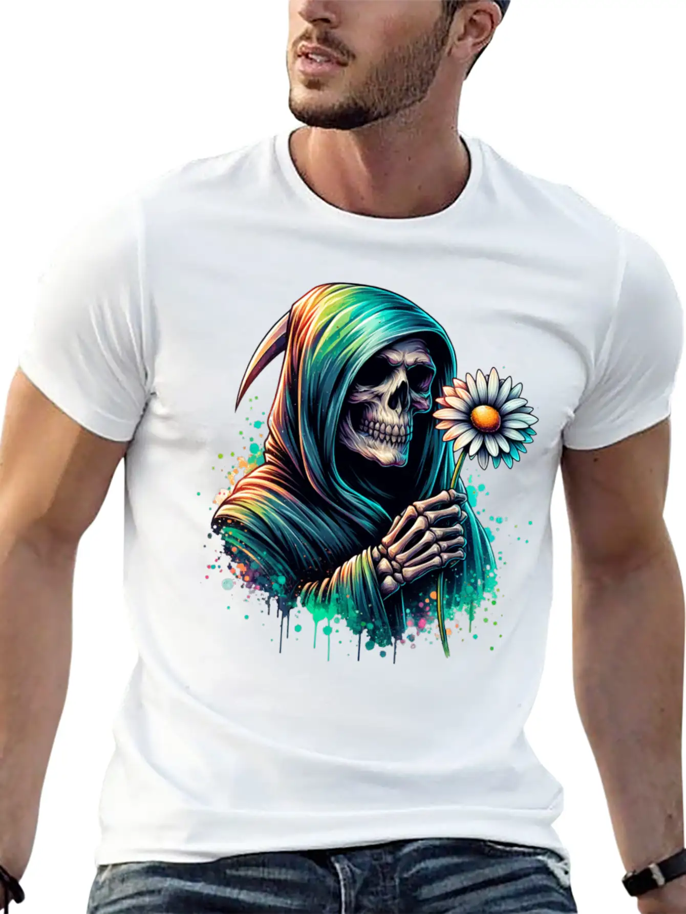 Grim Reaper Holding Daisy Flower Unisex Casual T-Shirt – Clean Design For Daily Comfort