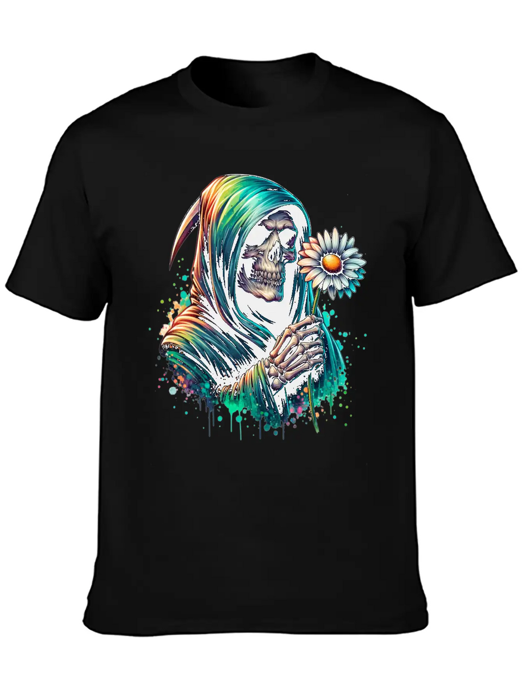 Grim Reaper Holding Daisy Flower Unisex Casual T-Shirt – Clean Design For Daily Comfort