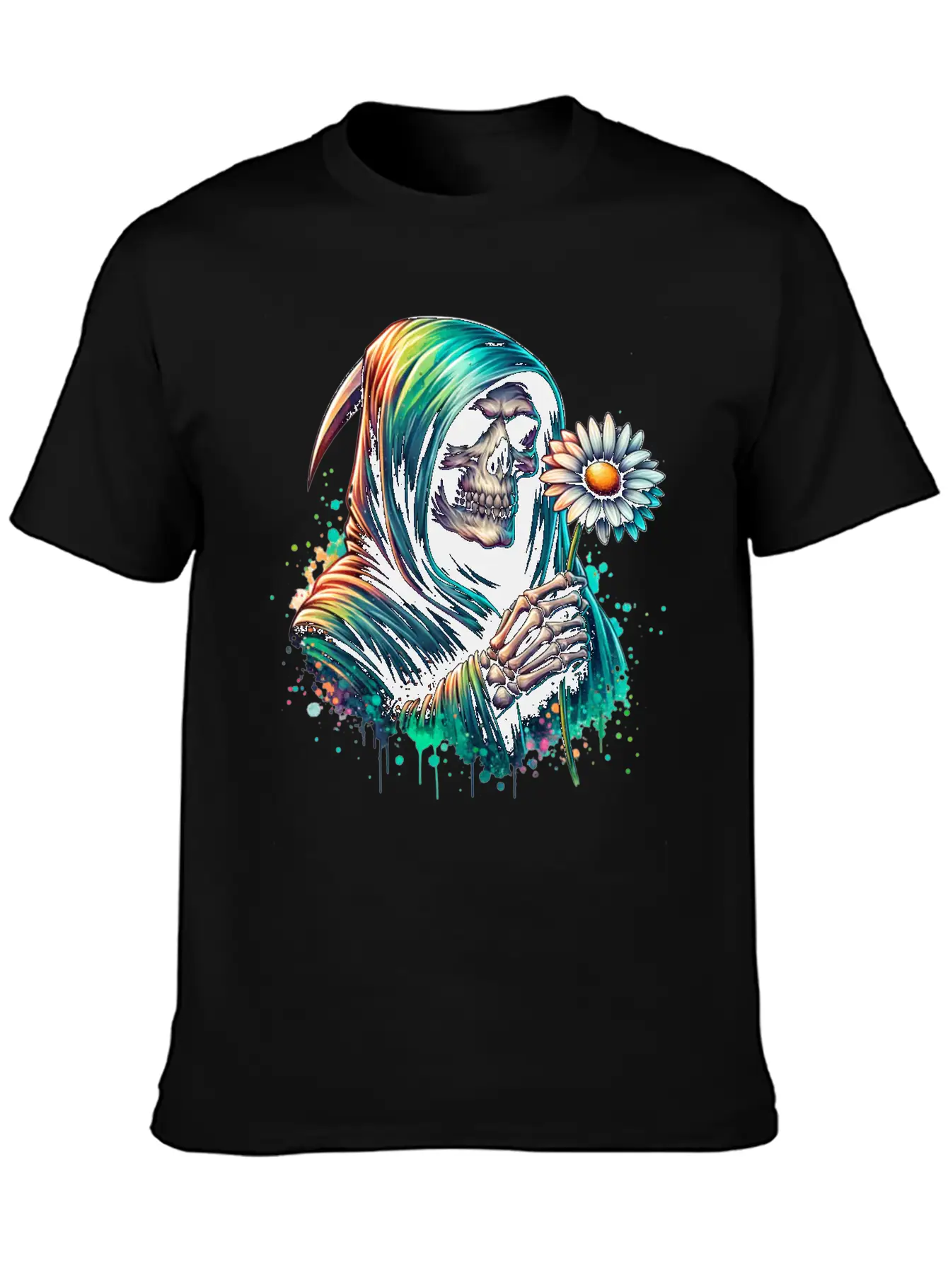 Grim Reaper Holding Daisy Flower Unisex Casual T-Shirt – Clean Design For Daily Comfort