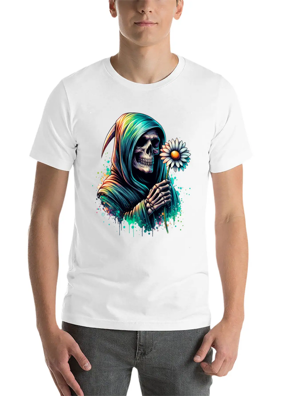 Grim Reaper Holding Daisy Flower Unisex Casual T-Shirt – Clean Design For Daily Comfort
