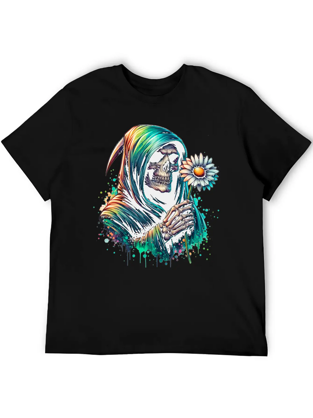 Grim Reaper Holding Daisy Flower Unisex Casual T-Shirt – Clean Design For Daily Comfort