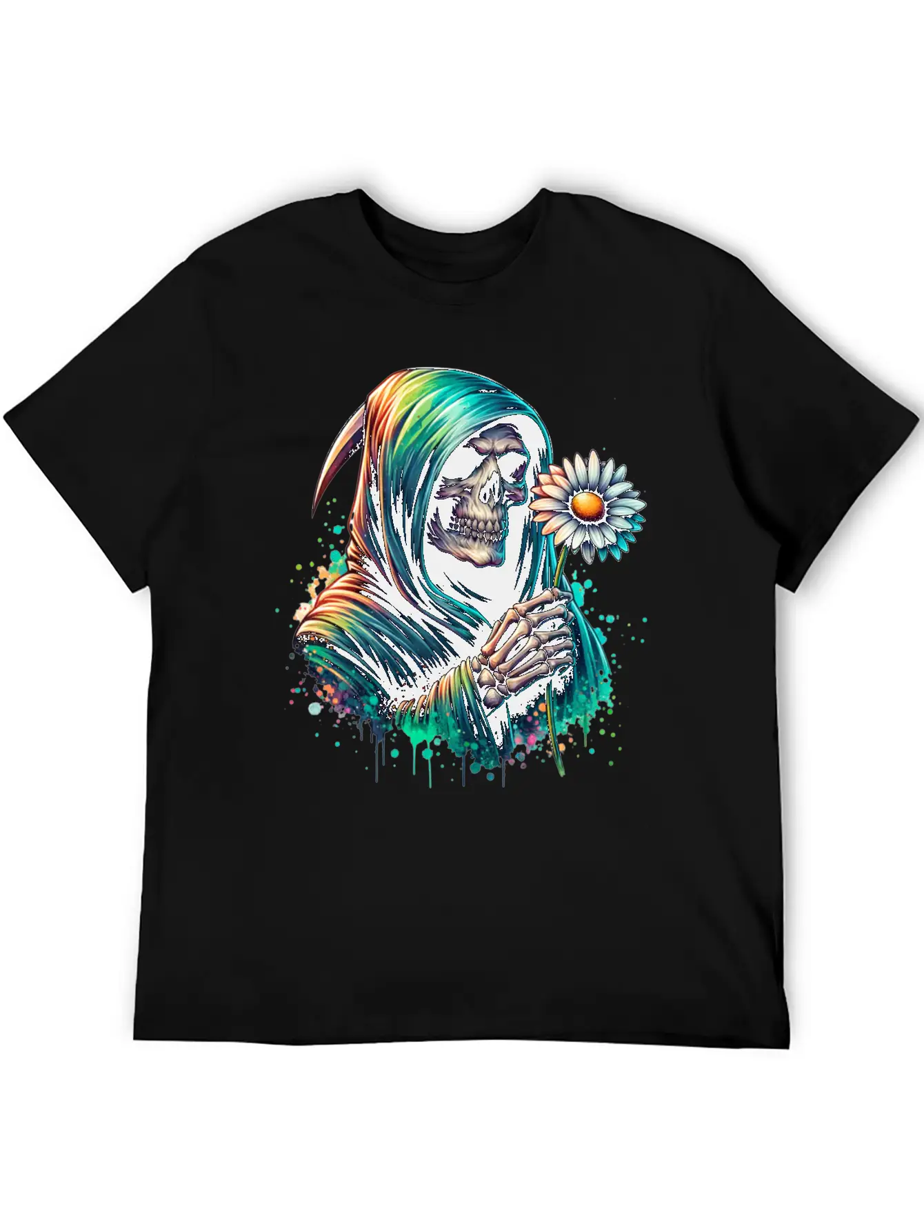 Grim Reaper Holding Daisy Flower Unisex Casual T-Shirt – Clean Design For Daily Comfort