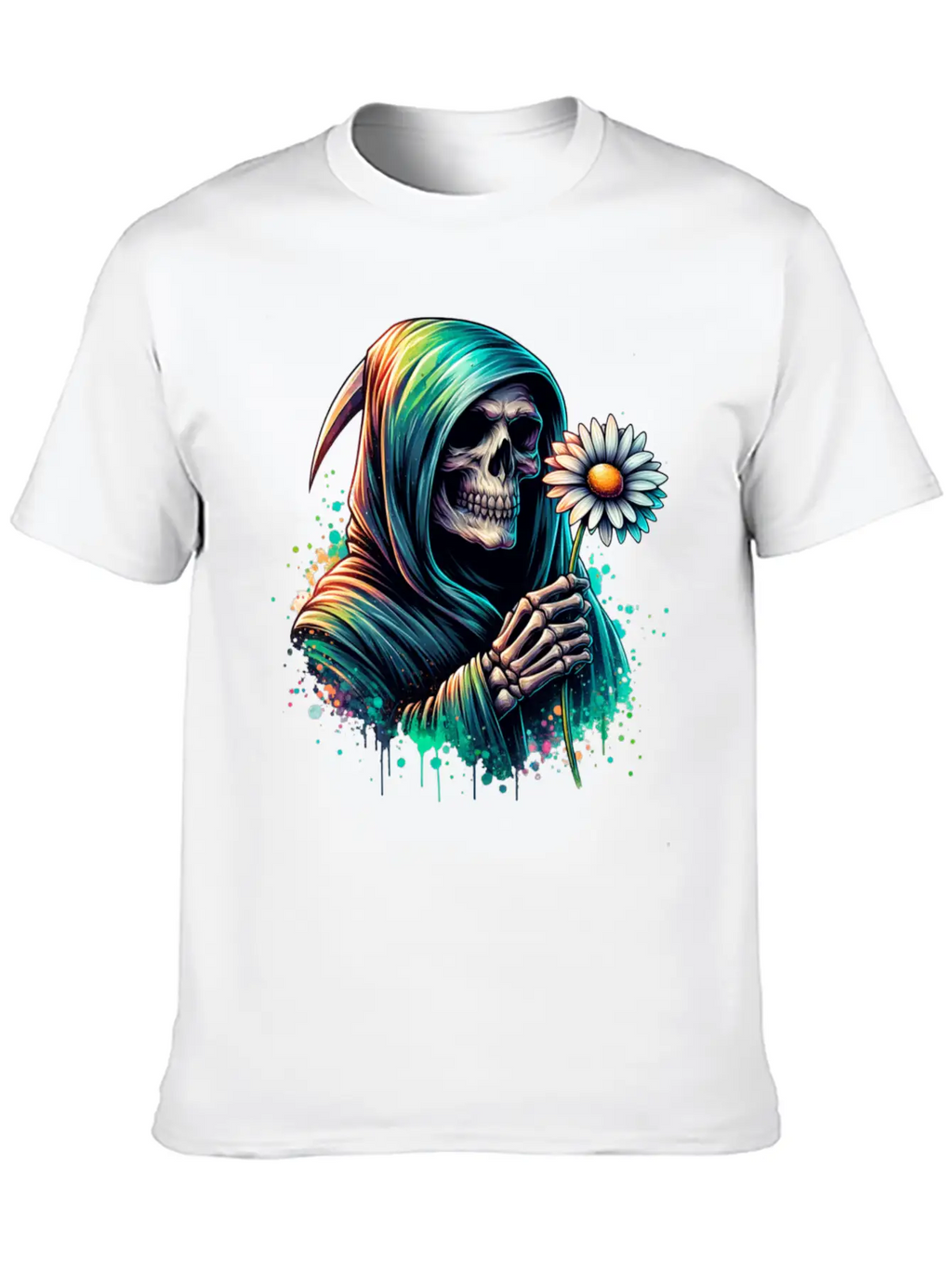 Grim Reaper Holding Daisy Flower Unisex Casual T-Shirt – Clean Design For Daily Comfort