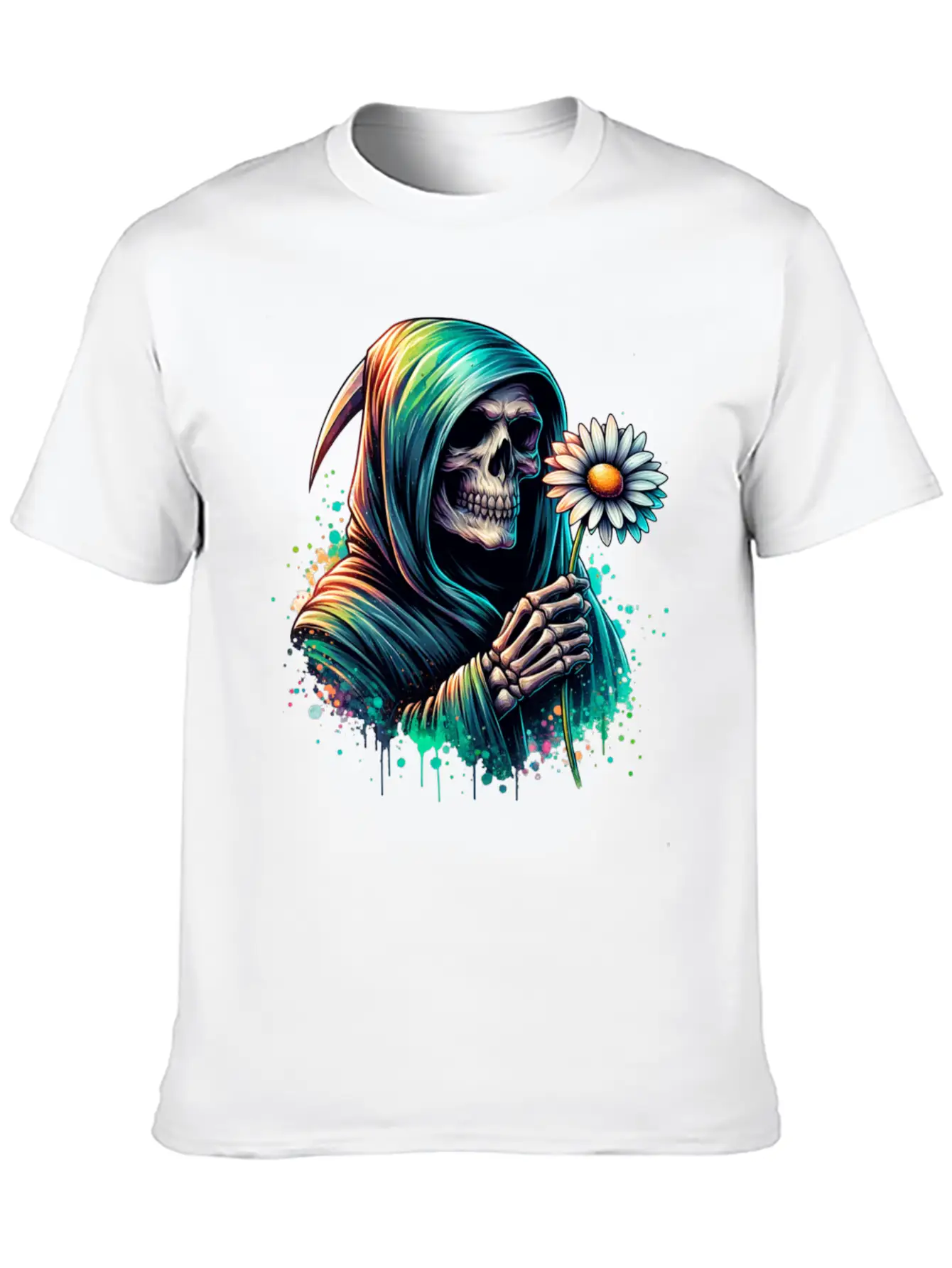 Grim Reaper Holding Daisy Flower Unisex Casual T-Shirt – Clean Design For Daily Comfort