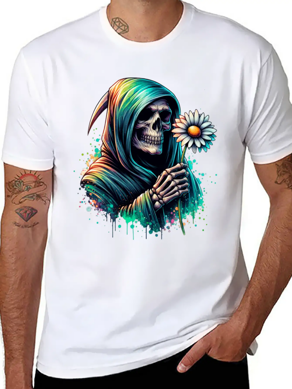 Grim Reaper Holding Daisy Flower Unisex Casual T-Shirt – Clean Design For Daily Comfort
