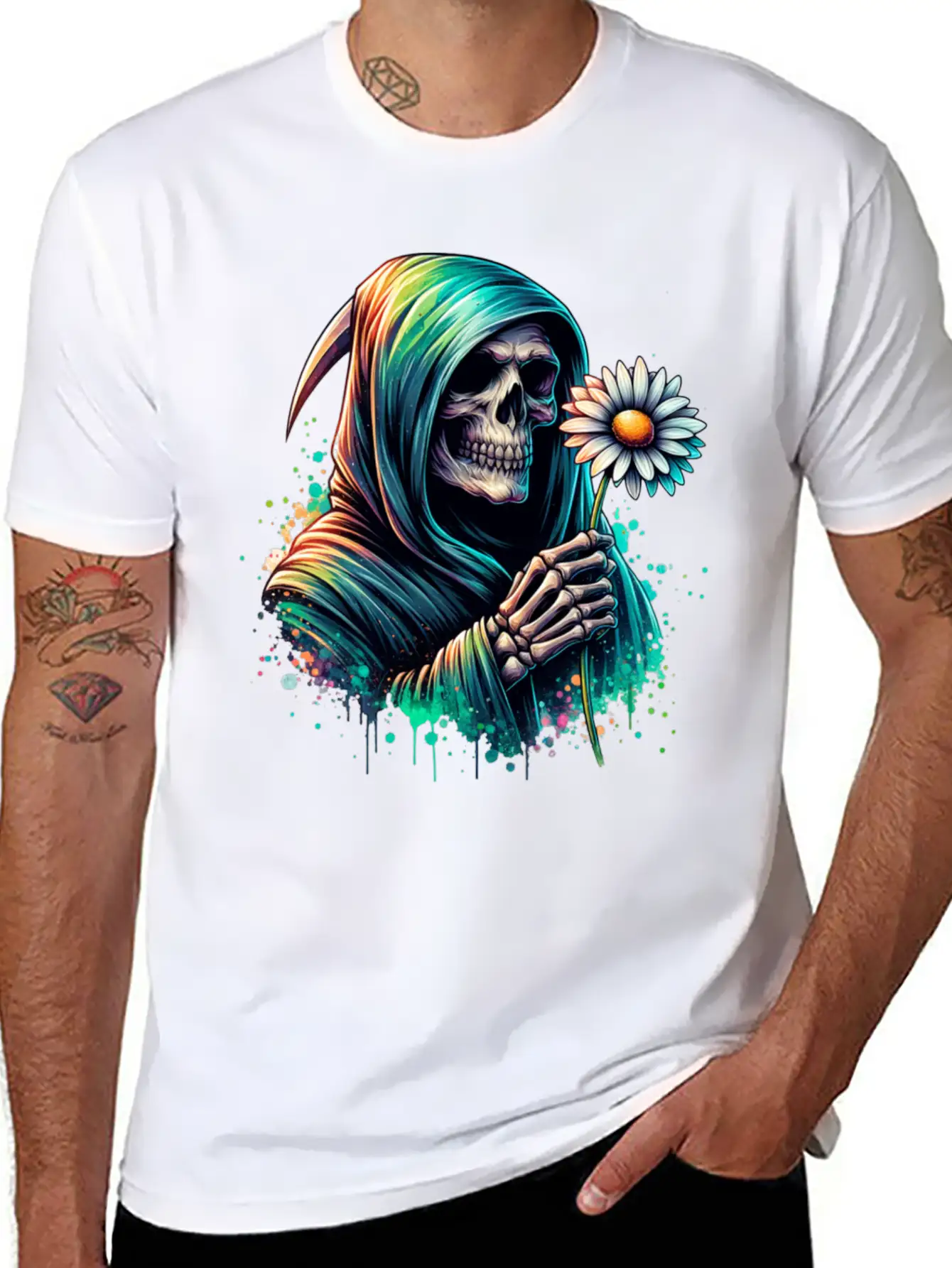 Grim Reaper Holding Daisy Flower Unisex Casual T-Shirt – Clean Design For Daily Comfort