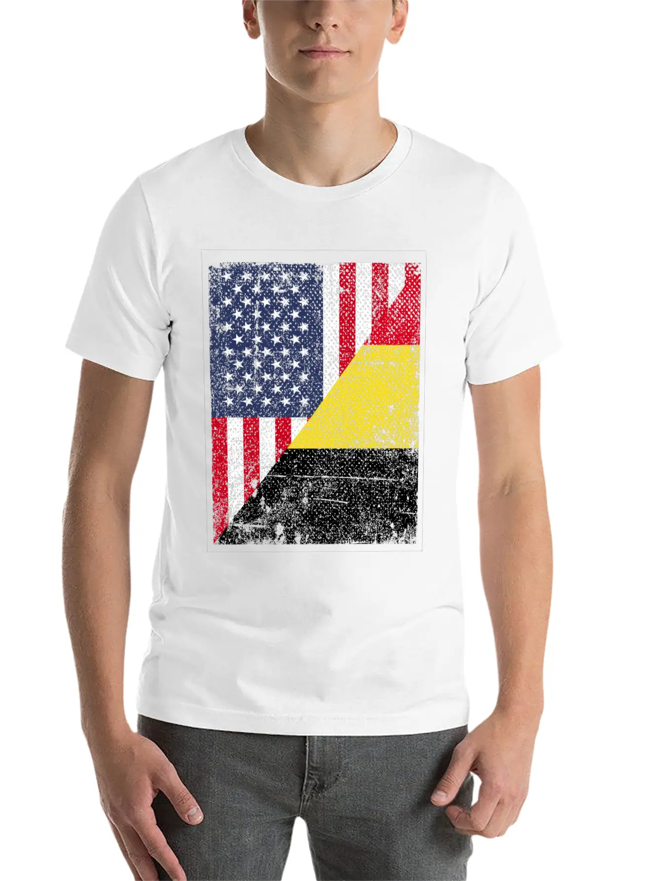 Half USA Flag Half Belgium Flag Unisex Casual T-Shirt – Clean Design For Daily Comfort