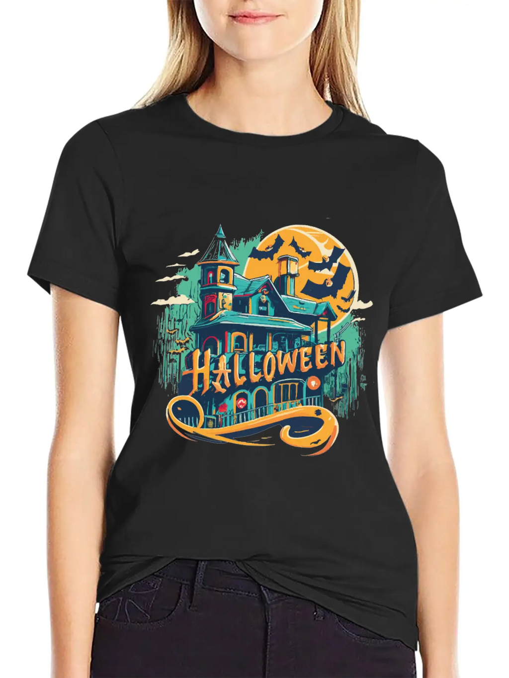 Halloween House With Ghost Casual Graphic T-Shirt – Simple And Comfortable Daily Wear