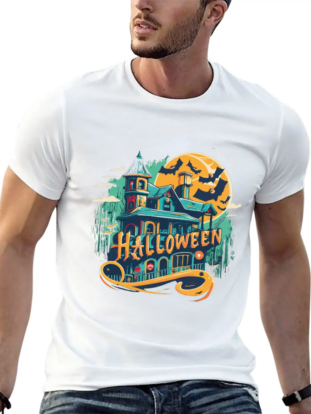 Halloween House With Ghost Casual Graphic T-Shirt – Simple And Comfortable Daily Wear