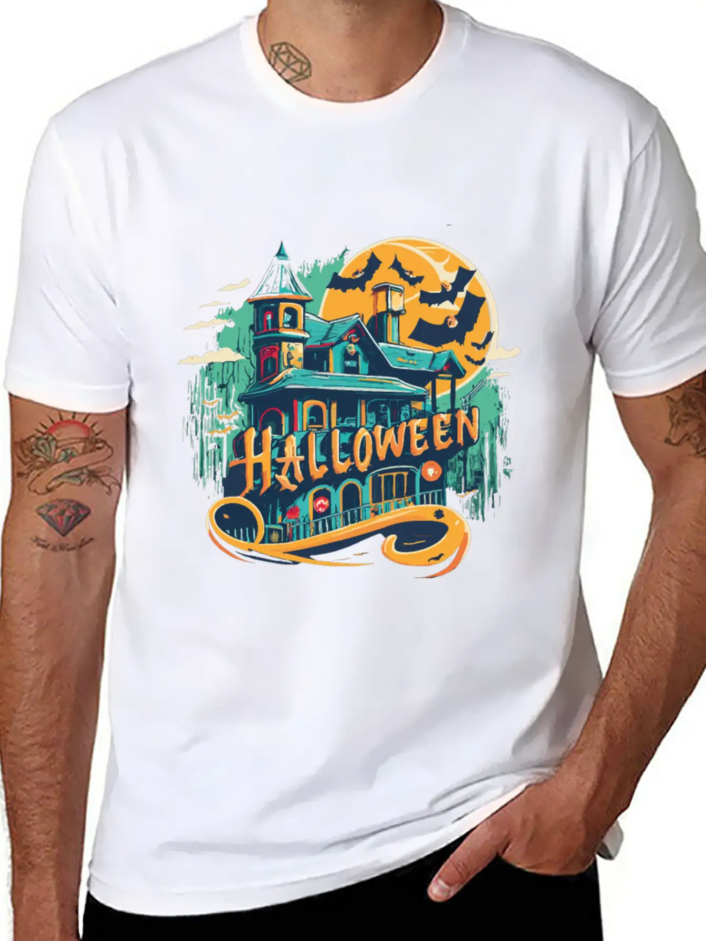 Halloween House With Ghost Casual Graphic T-Shirt – Simple And Comfortable Daily Wear