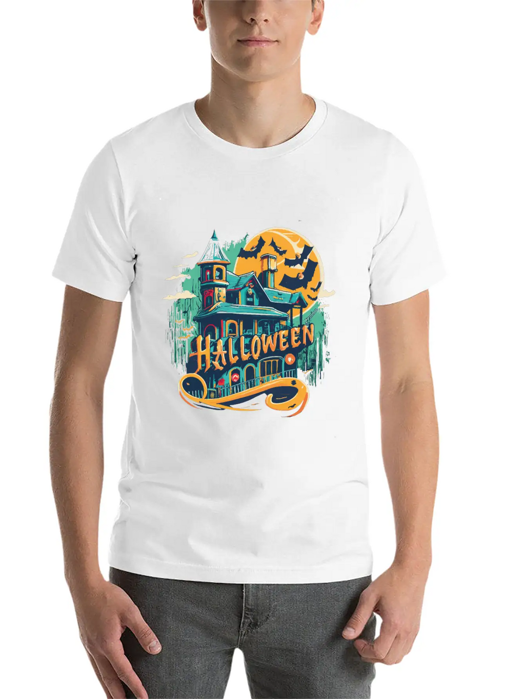 Halloween House With Ghost Casual Graphic T-Shirt – Simple And Comfortable Daily Wear