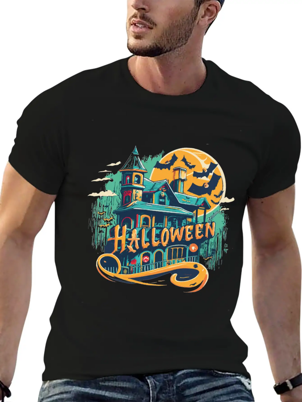 Halloween House With Ghost Casual Graphic T-Shirt – Simple And Comfortable Daily Wear