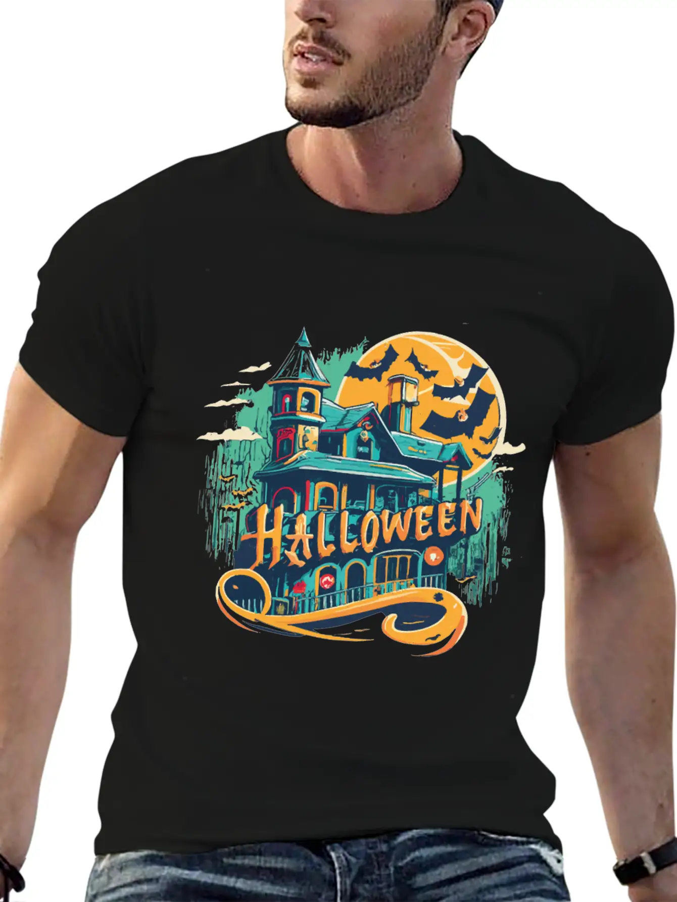 Halloween House With Ghost Casual Graphic T-Shirt – Simple And Comfortable Daily Wear