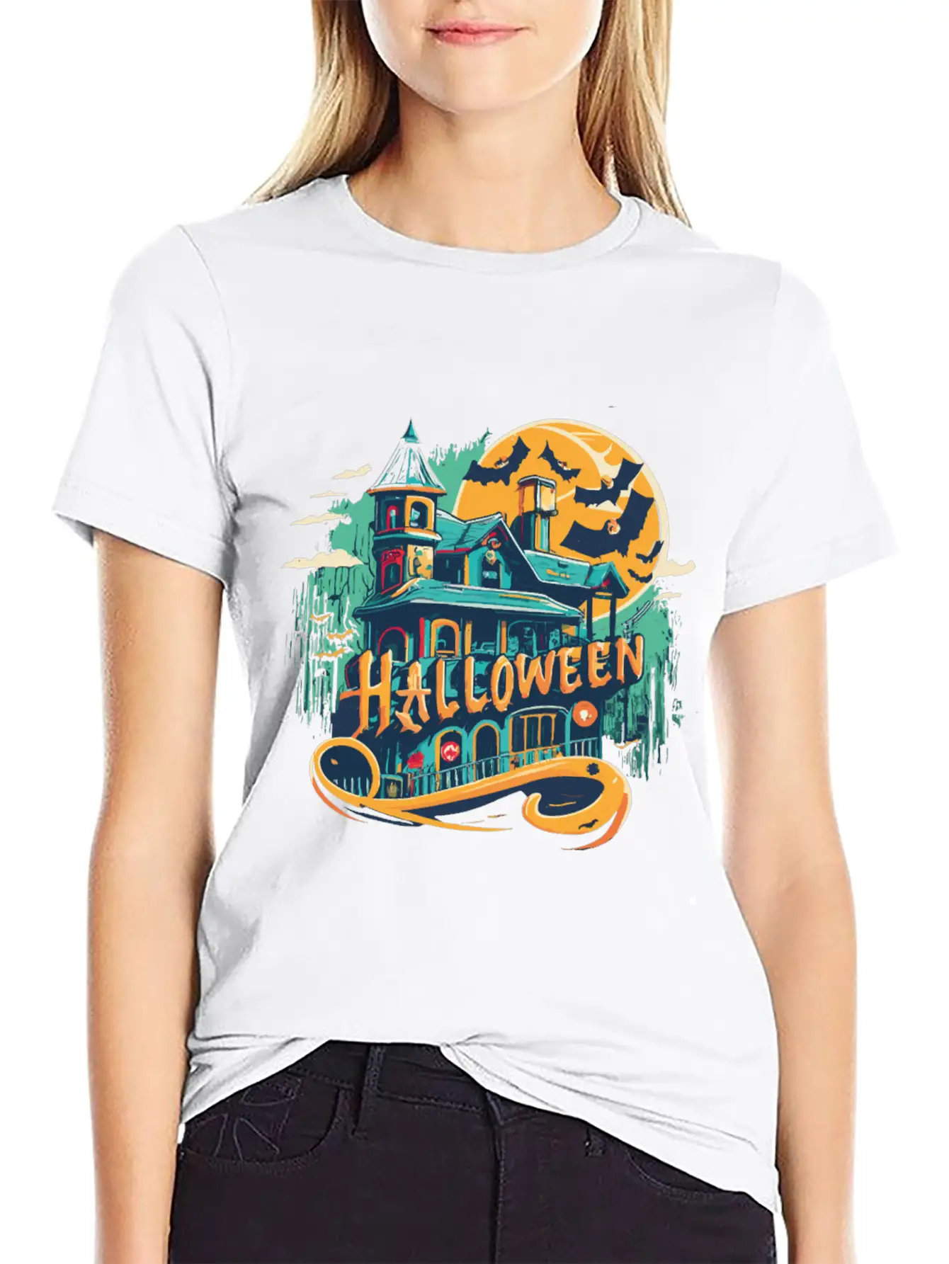 Halloween House With Ghost Casual Graphic T-Shirt – Simple And Comfortable Daily Wear