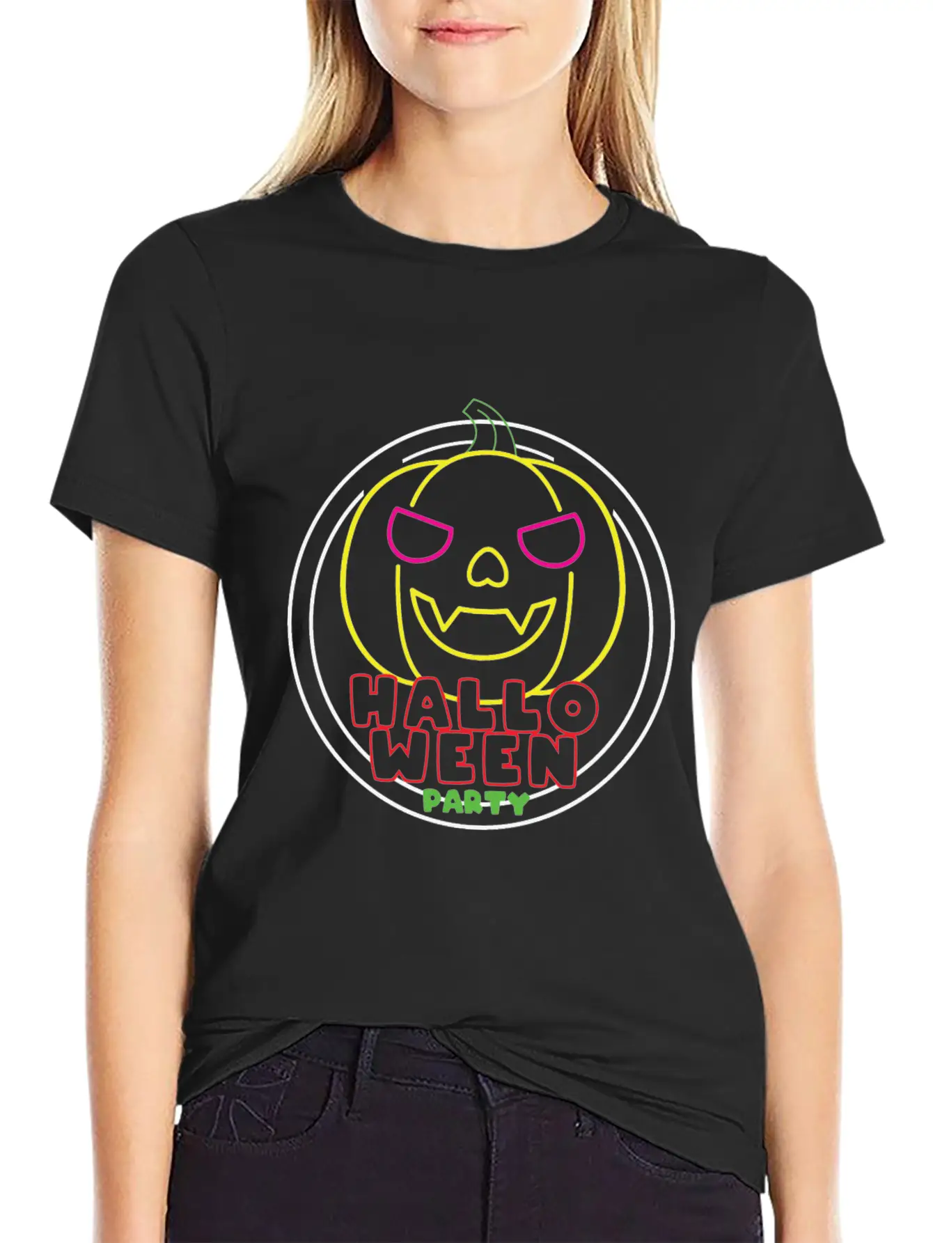 Halloween Party Neon Pumpkin Halloween Unisex Casual T-Shirt – Clean Design For Daily Comfort