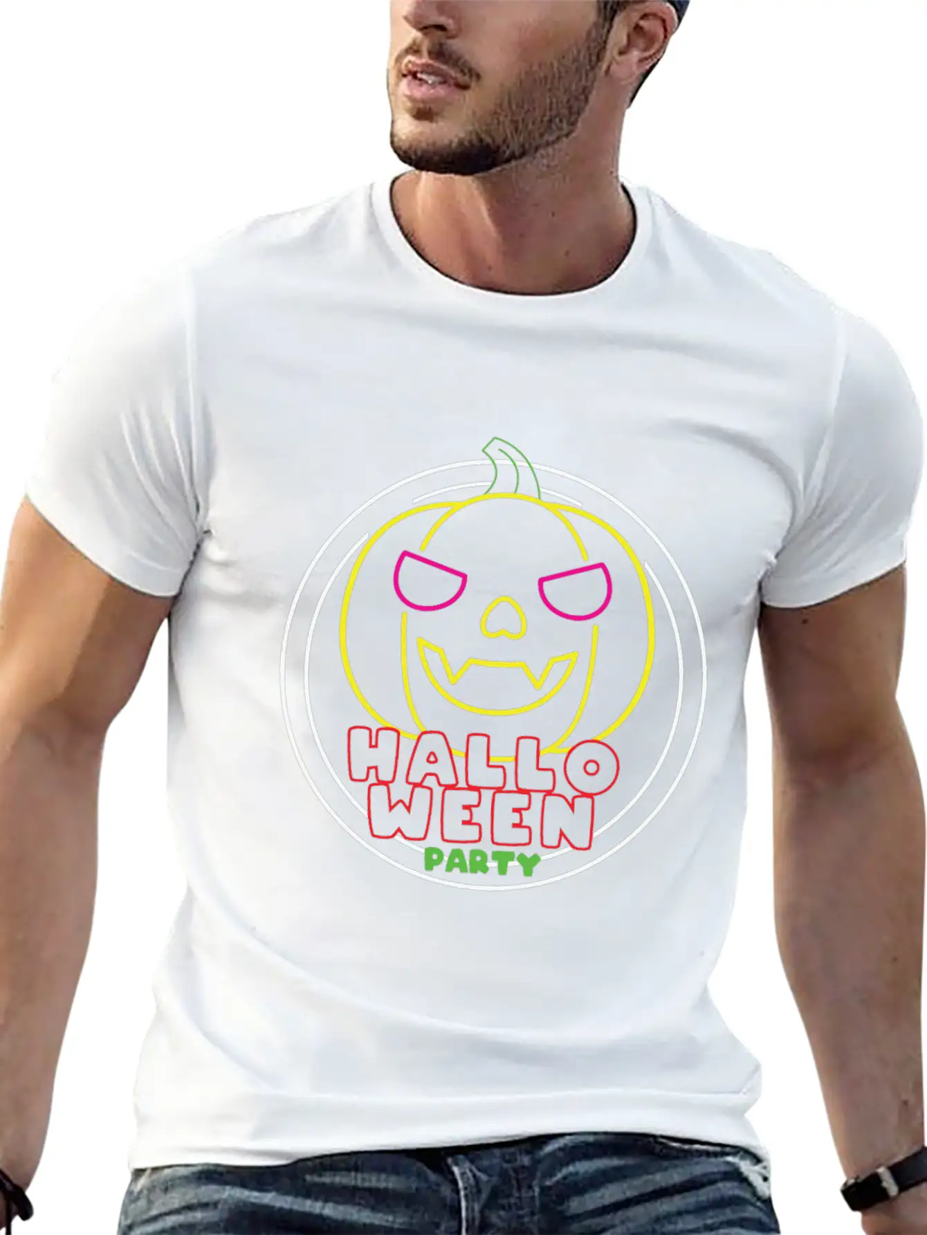 Halloween Party Neon Pumpkin Halloween Unisex Casual T-Shirt – Clean Design For Daily Comfort