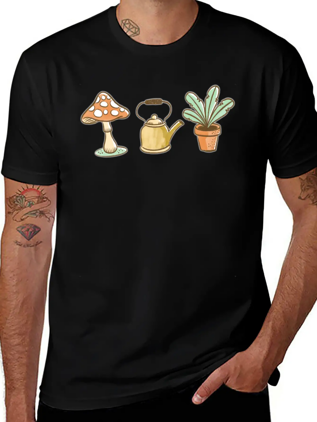 Hand Drawn Mushroom, Kettle And Plant Unisex Casual T-Shirt – Clean Design For Daily Comfort