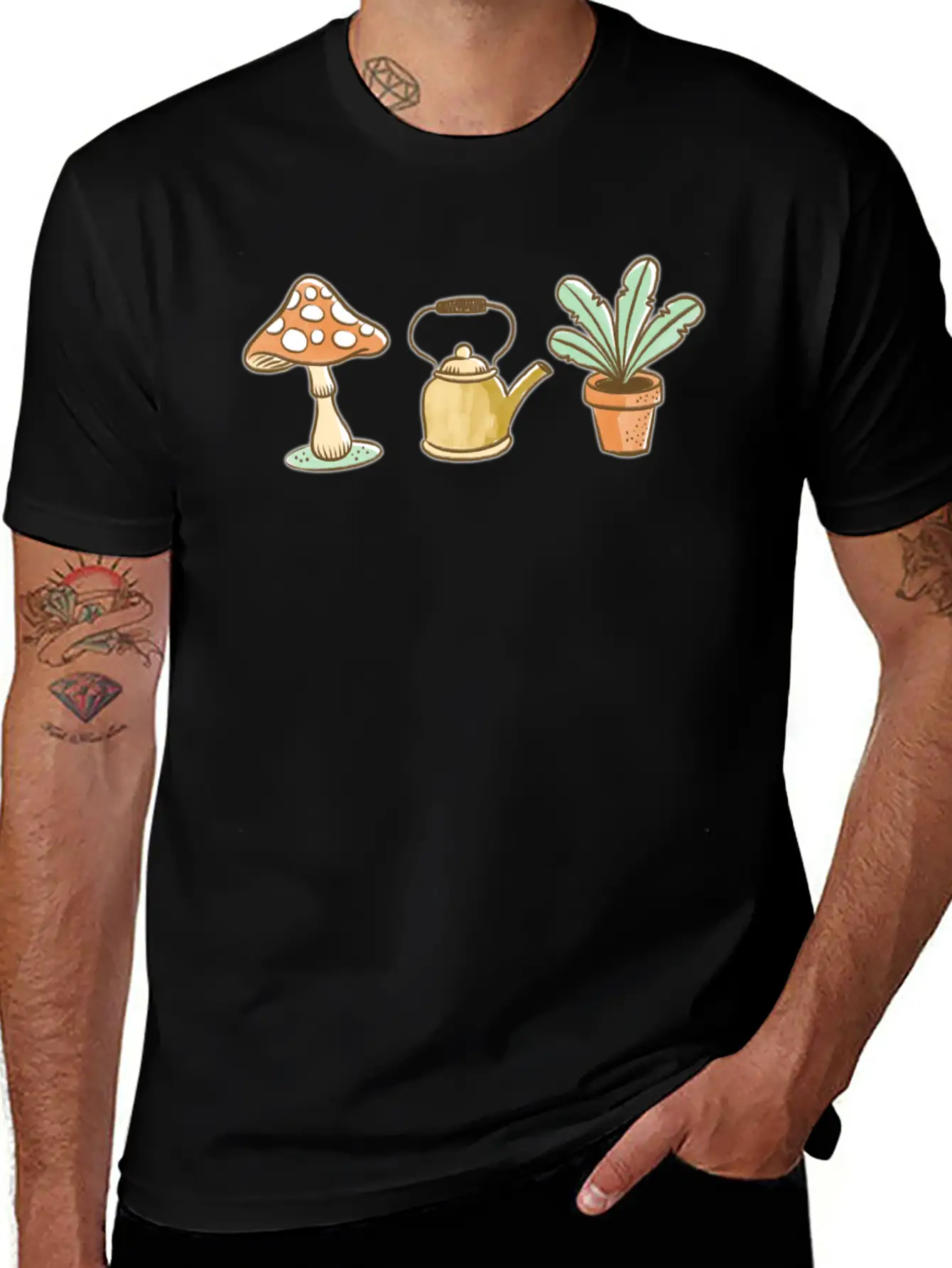 Hand Drawn Mushroom, Kettle And Plant Unisex Casual T-Shirt – Clean Design For Daily Comfort