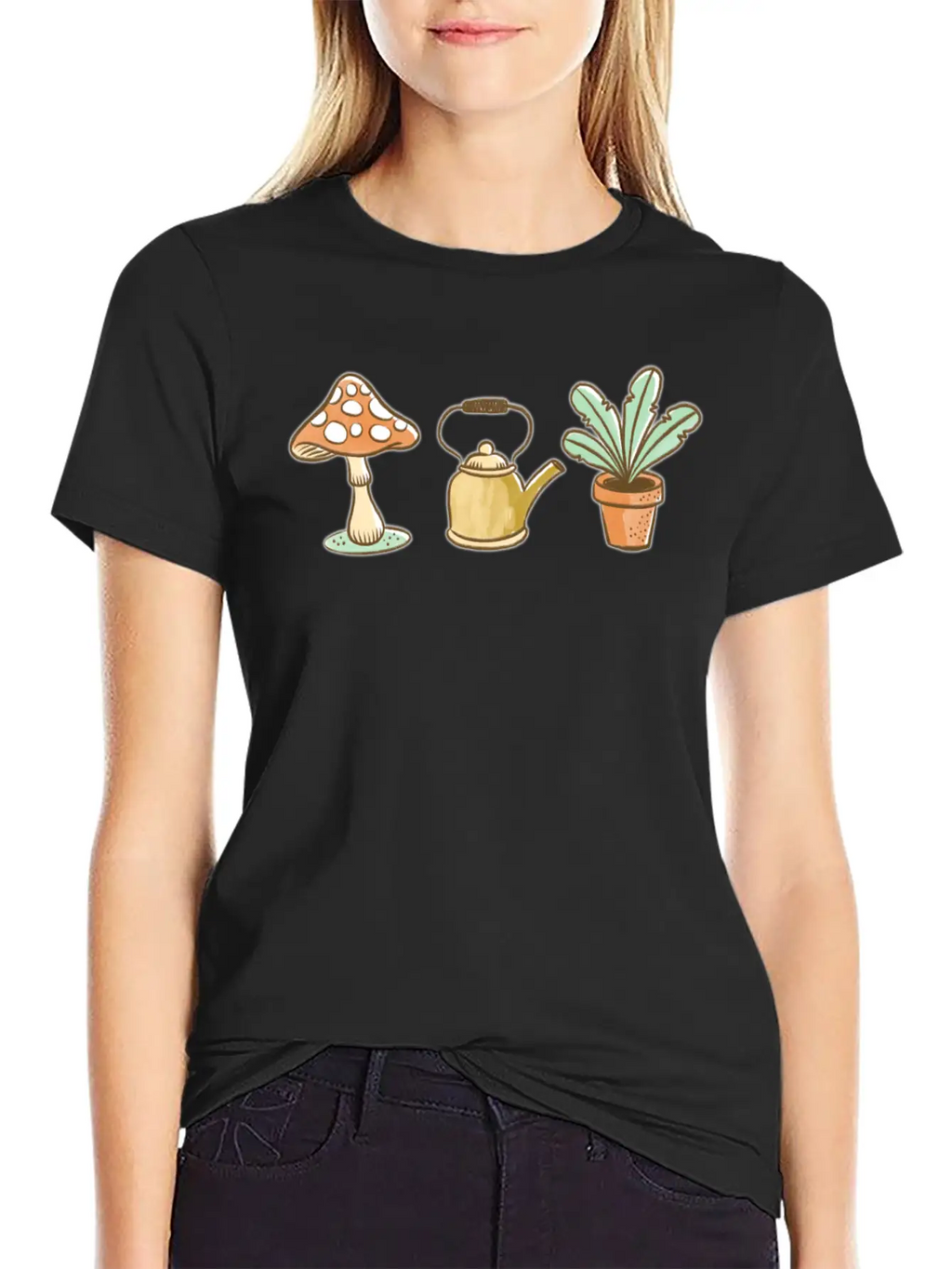 Hand Drawn Mushroom, Kettle And Plant Unisex Casual T-Shirt – Clean Design For Daily Comfort