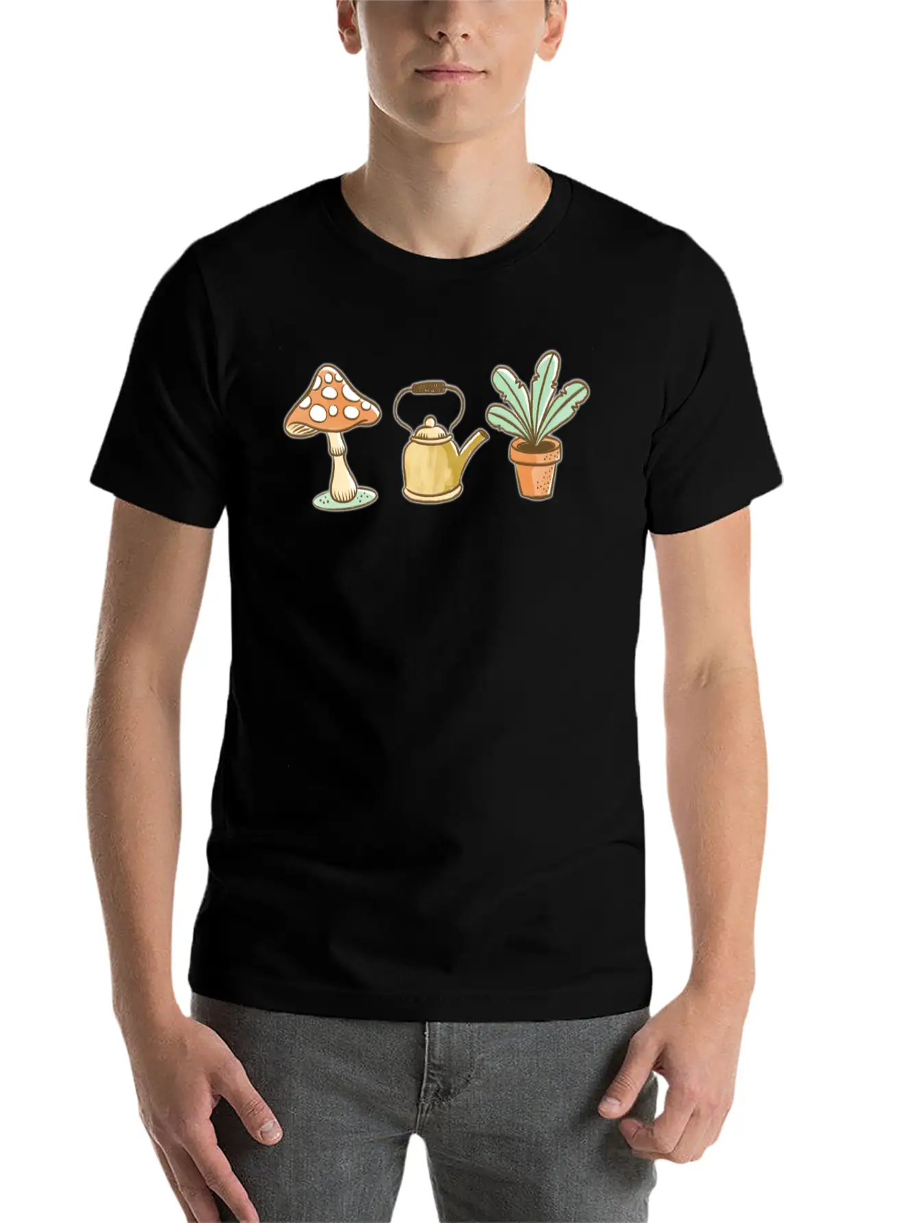Hand Drawn Mushroom, Kettle And Plant Unisex Casual T-Shirt – Clean Design For Daily Comfort