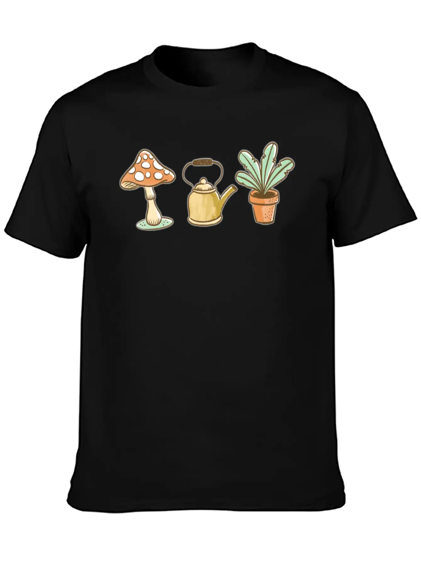Hand Drawn Mushroom, Kettle And Plant Unisex Casual T-Shirt – Clean Design For Daily Comfort