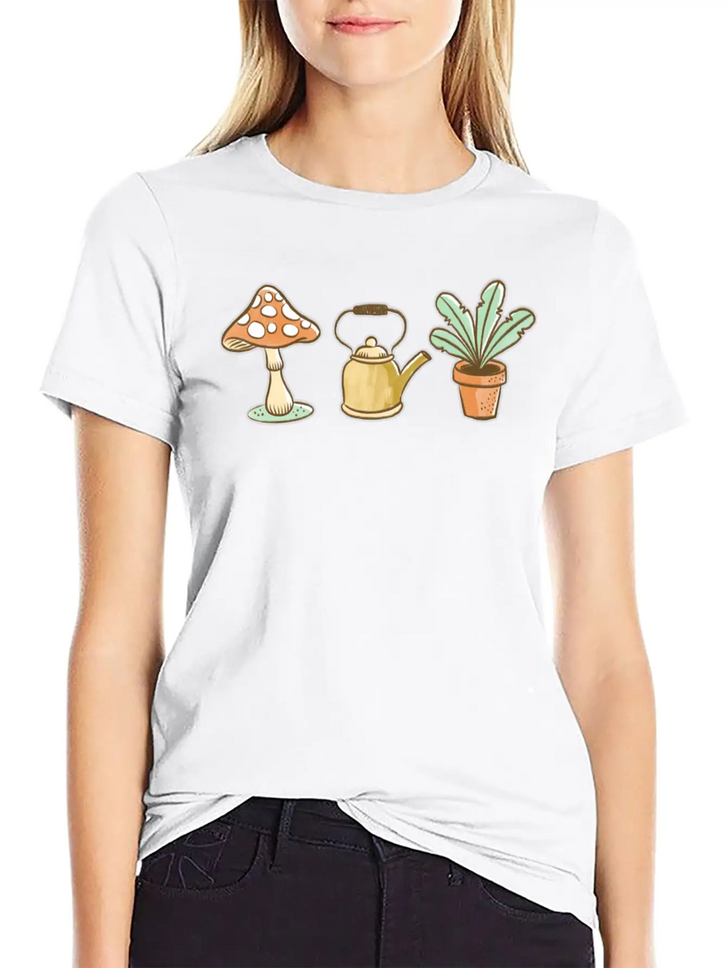 Hand Drawn Mushroom, Kettle And Plant Unisex Casual T-Shirt – Clean Design For Daily Comfort