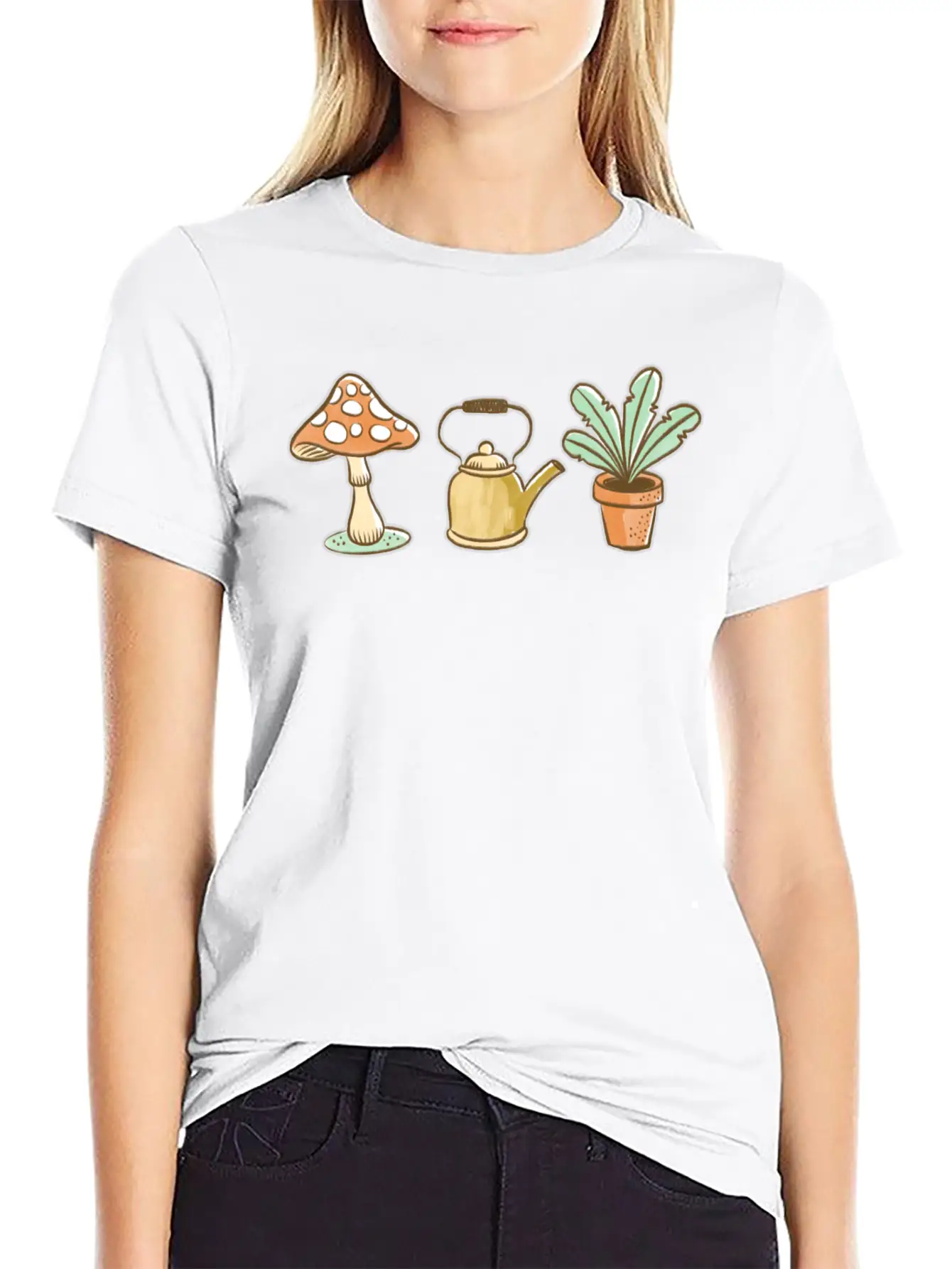 Hand Drawn Mushroom, Kettle And Plant Unisex Casual T-Shirt – Clean Design For Daily Comfort