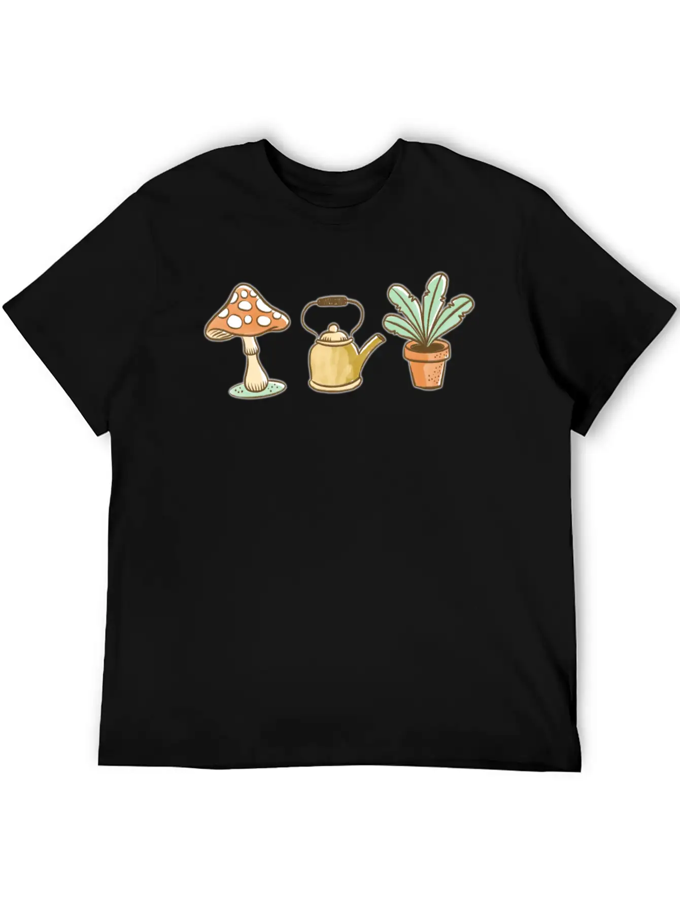 Hand Drawn Mushroom, Kettle And Plant Unisex Casual T-Shirt – Clean Design For Daily Comfort