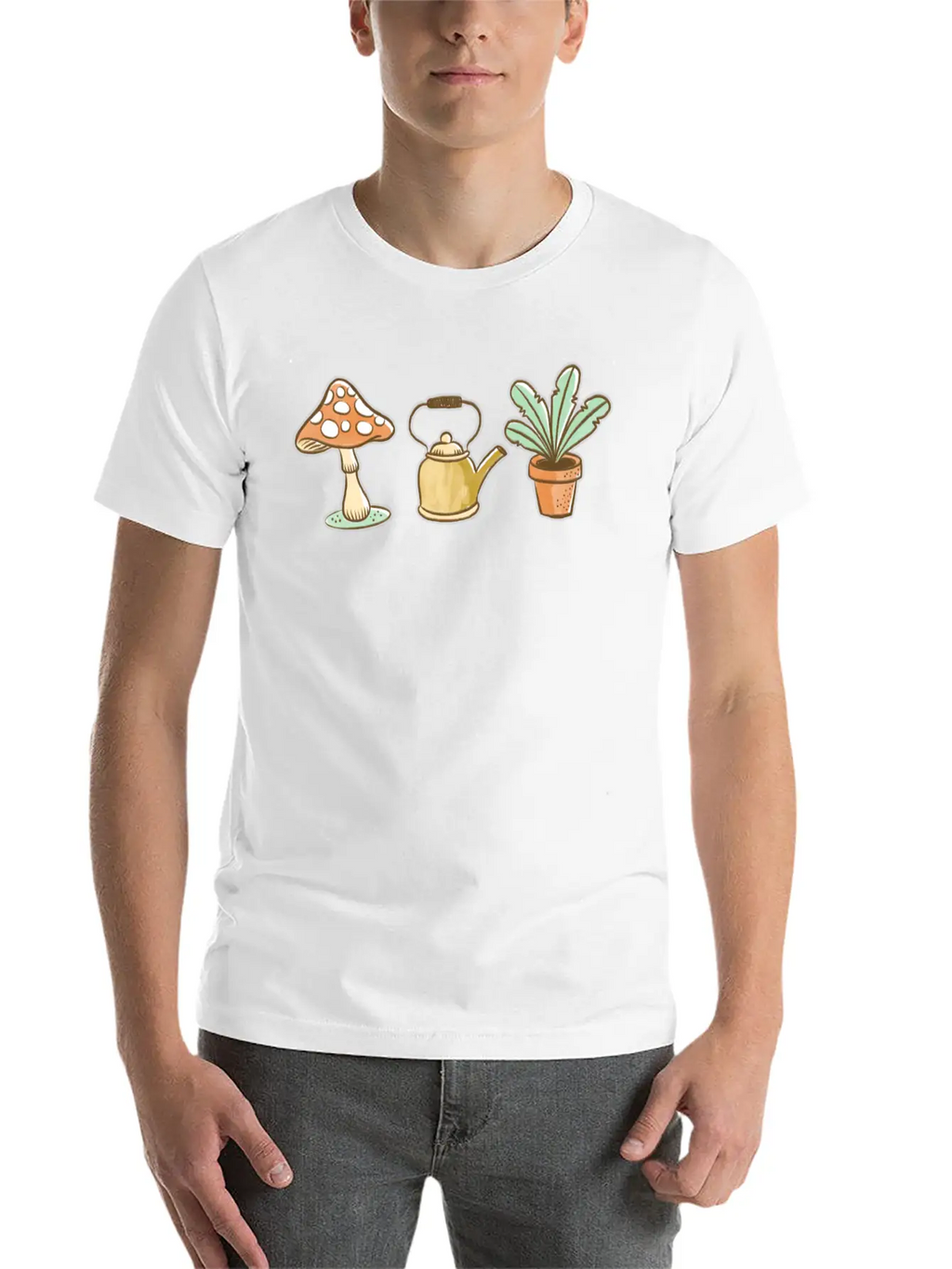 Hand Drawn Mushroom, Kettle And Plant Unisex Casual T-Shirt – Clean Design For Daily Comfort