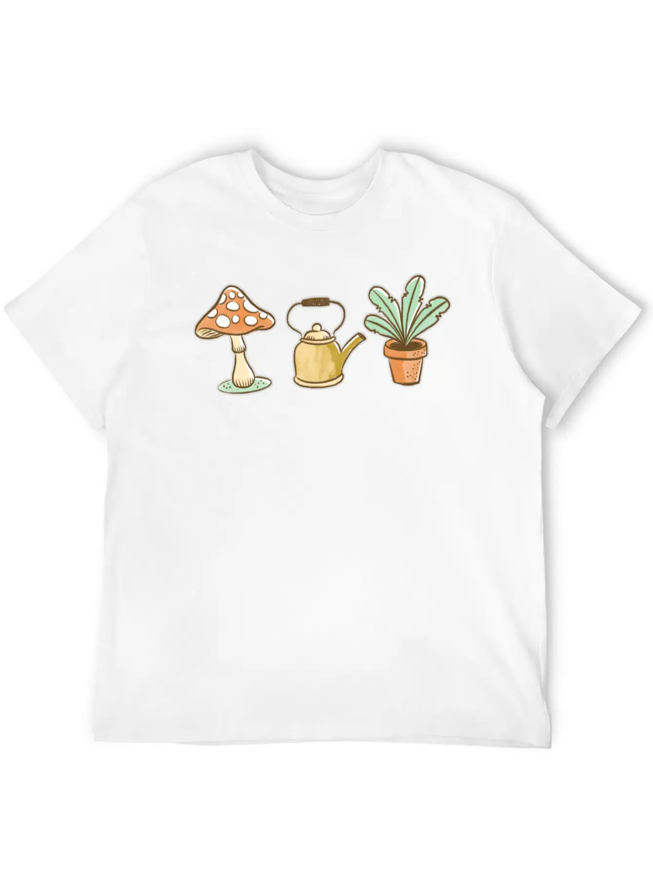 Hand Drawn Mushroom, Kettle And Plant Unisex Casual T-Shirt – Clean Design For Daily Comfort