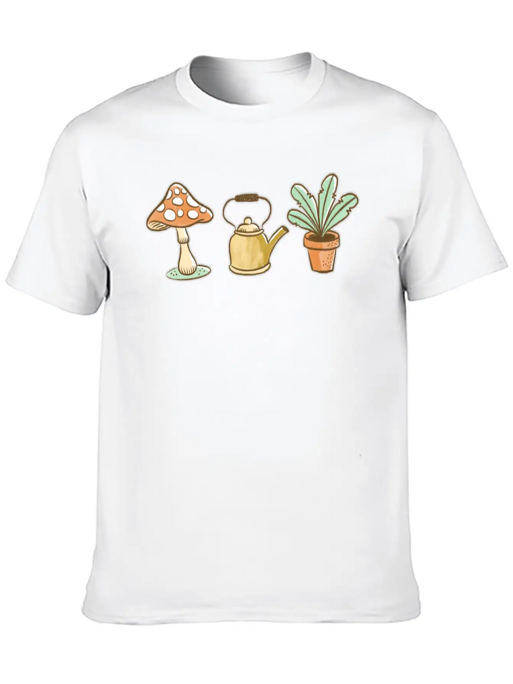 Hand Drawn Mushroom, Kettle And Plant Unisex Casual T-Shirt – Clean Design For Daily Comfort