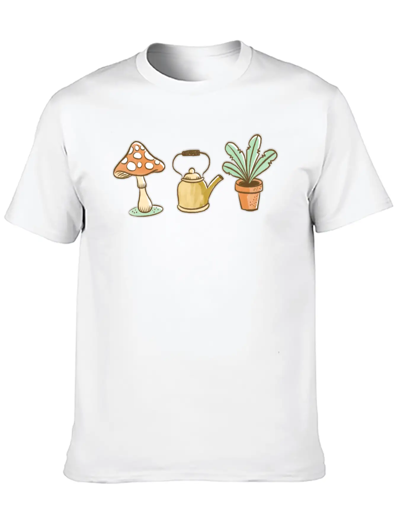 Hand Drawn Mushroom, Kettle And Plant Unisex Casual T-Shirt – Clean Design For Daily Comfort