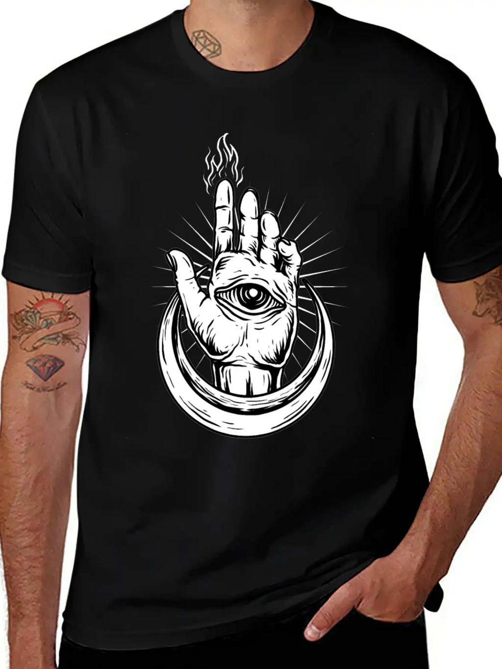 Hand With Eye And Half Moon Classic Fit Graphic Tee For Daily Comfort – Unisex Cotton Shirt