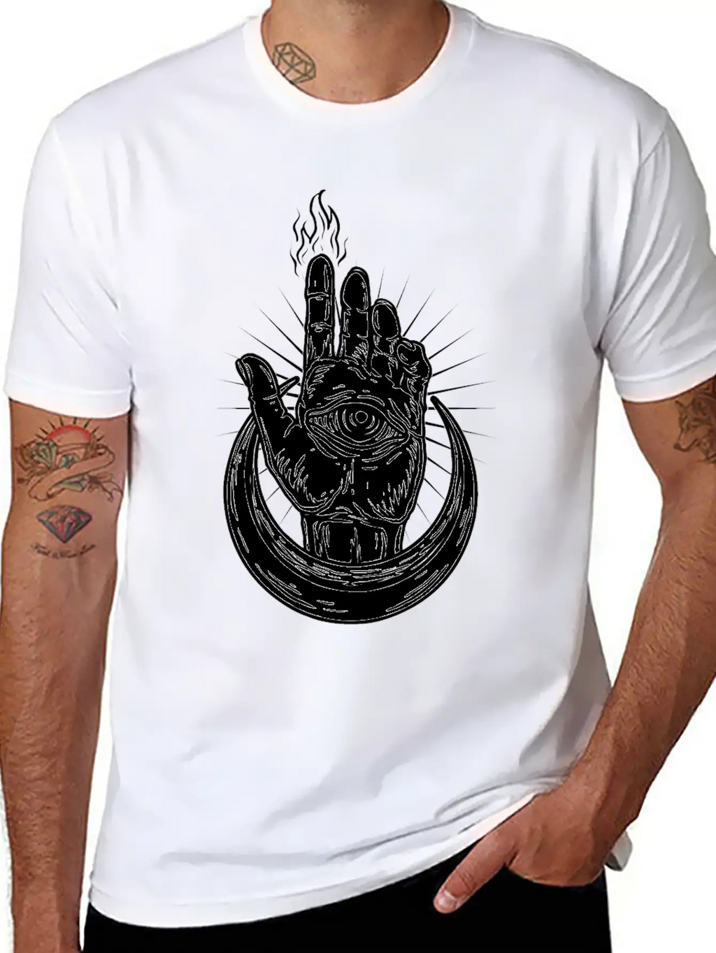 Hand With Eye And Half Moon Classic Fit Graphic Tee For Daily Comfort – Unisex Cotton Shirt