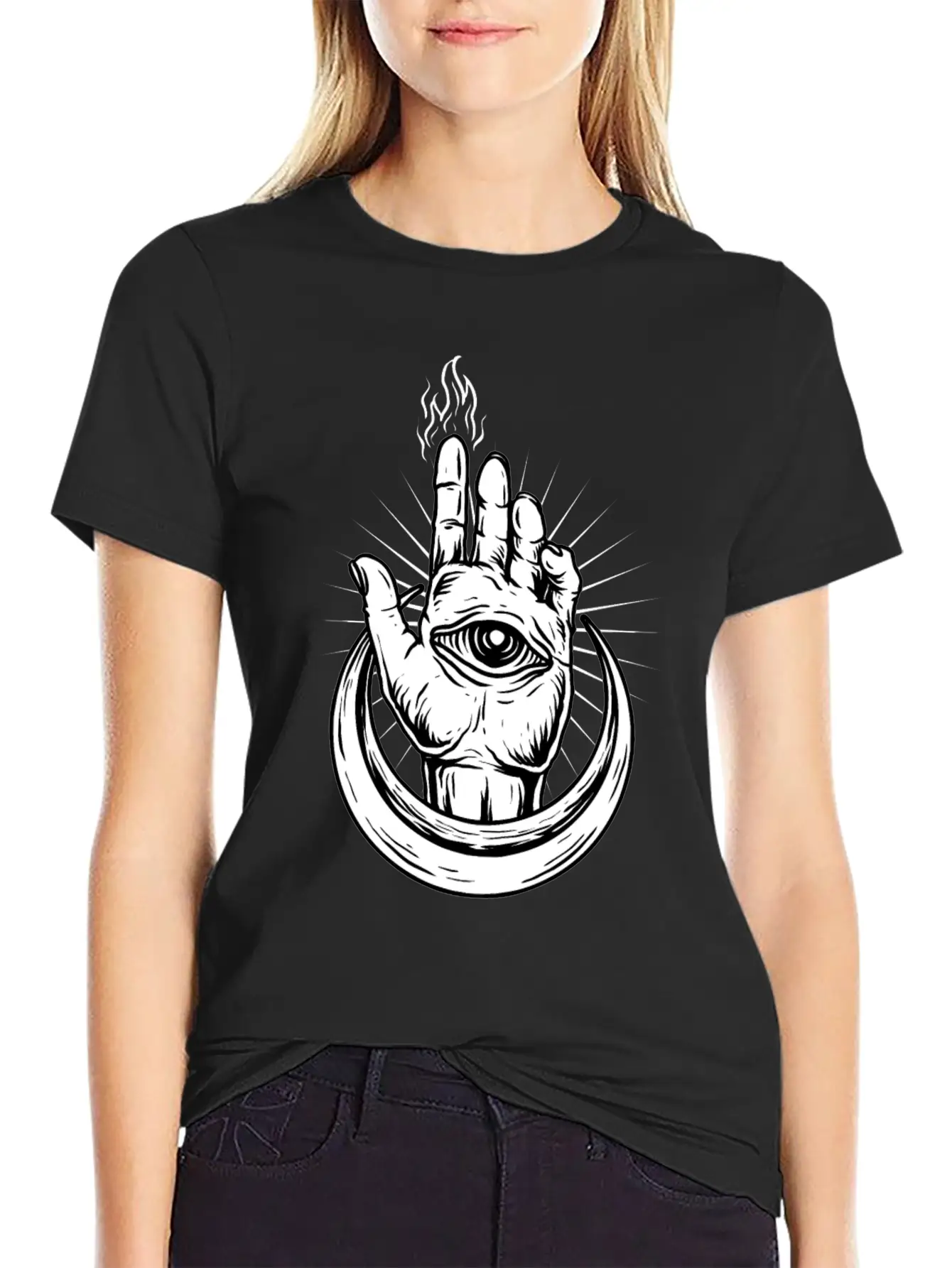 Hand With Eye And Half Moon Classic Fit Graphic Tee For Daily Comfort – Unisex Cotton Shirt