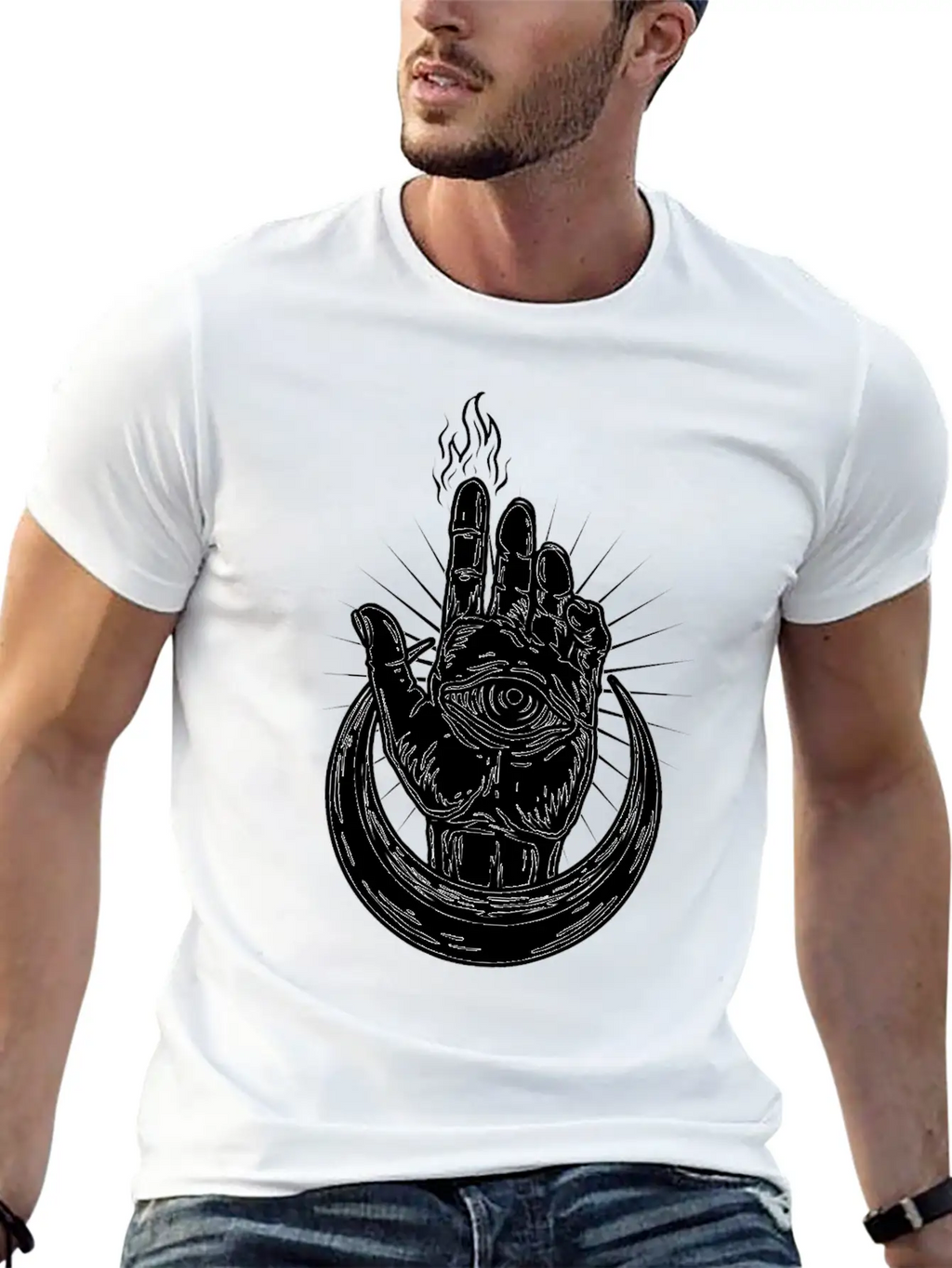 Hand With Eye And Half Moon Classic Fit Graphic Tee For Daily Comfort – Unisex Cotton Shirt