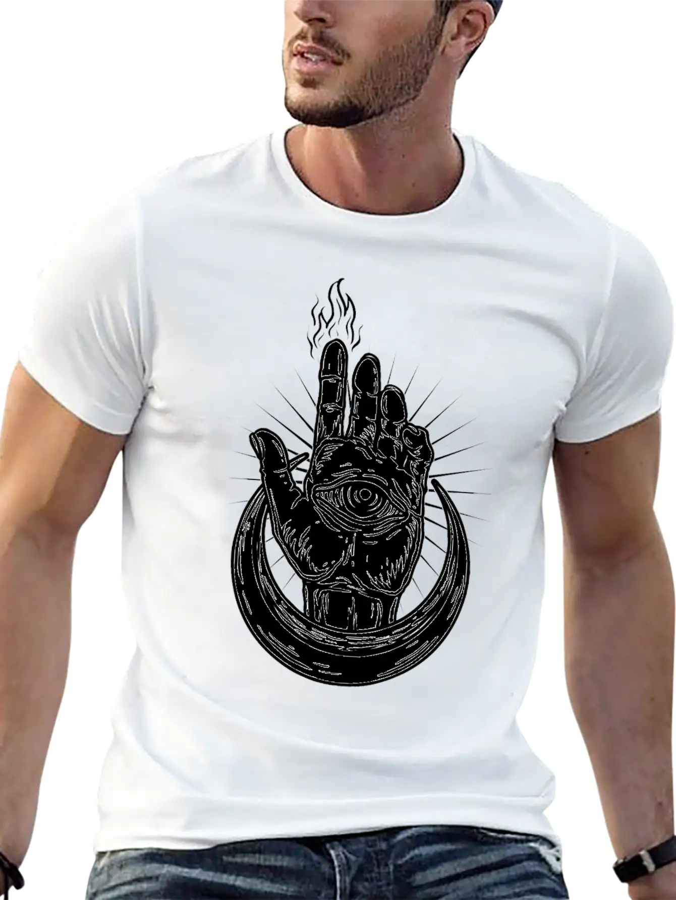 Hand With Eye And Half Moon Classic Fit Graphic Tee For Daily Comfort – Unisex Cotton Shirt