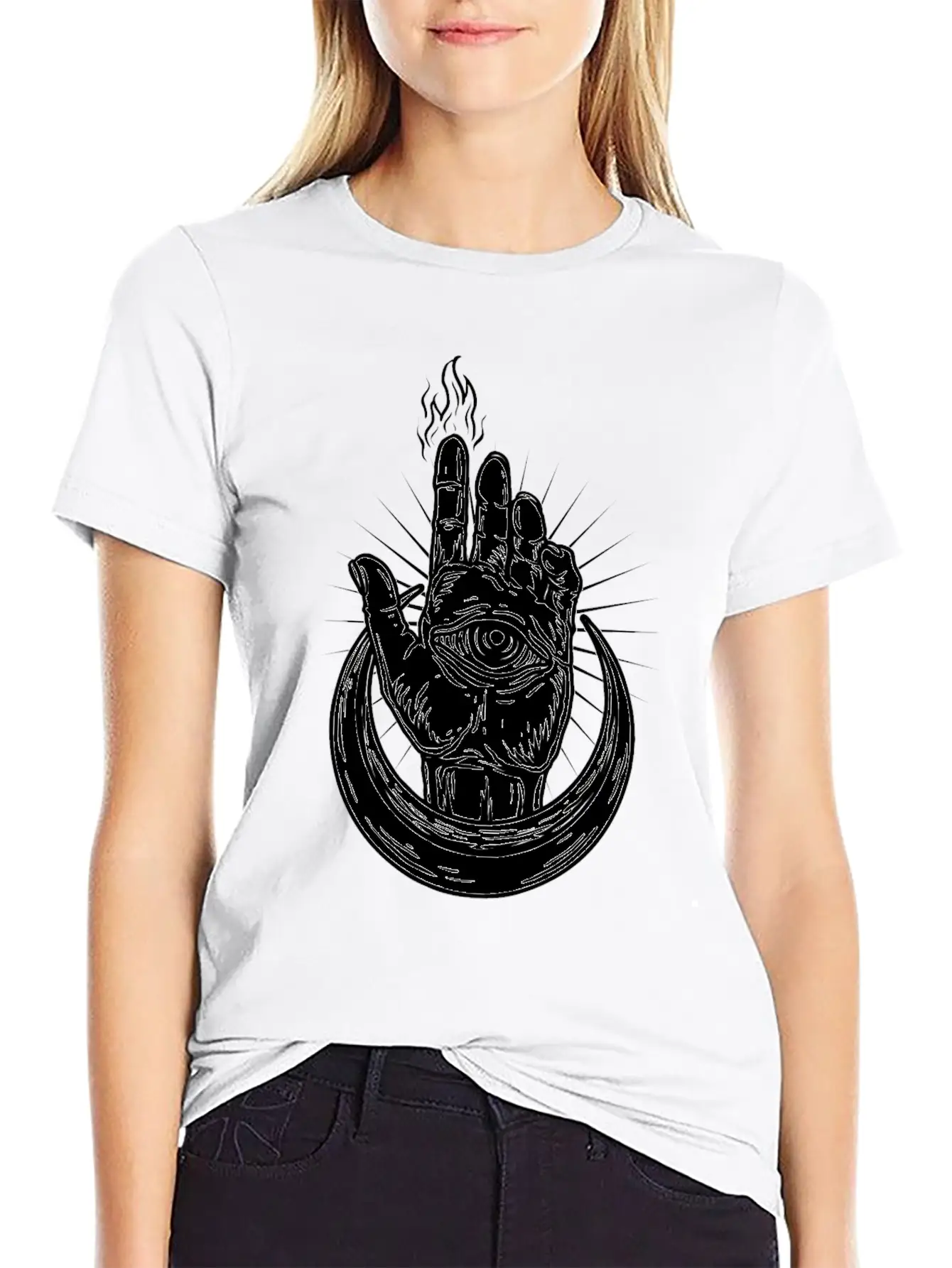 Hand With Eye And Half Moon Classic Fit Graphic Tee For Daily Comfort – Unisex Cotton Shirt