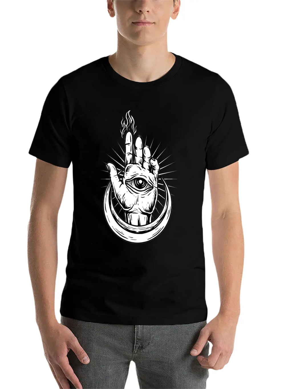 Hand With Eye And Half Moon Classic Fit Graphic Tee For Daily Comfort – Unisex Cotton Shirt