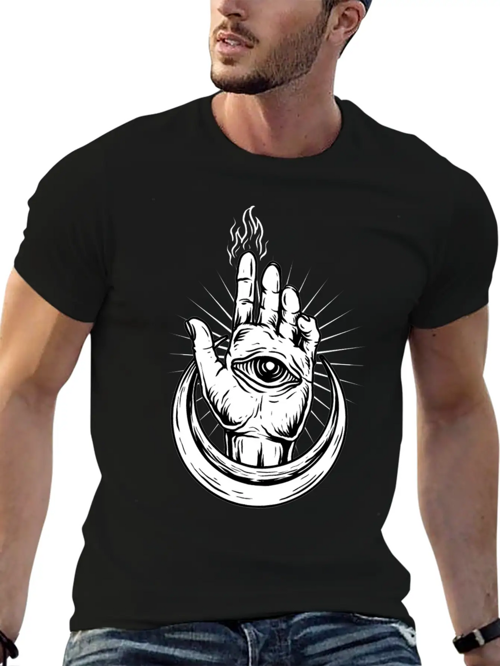 Hand With Eye And Half Moon Classic Fit Graphic Tee For Daily Comfort – Unisex Cotton Shirt