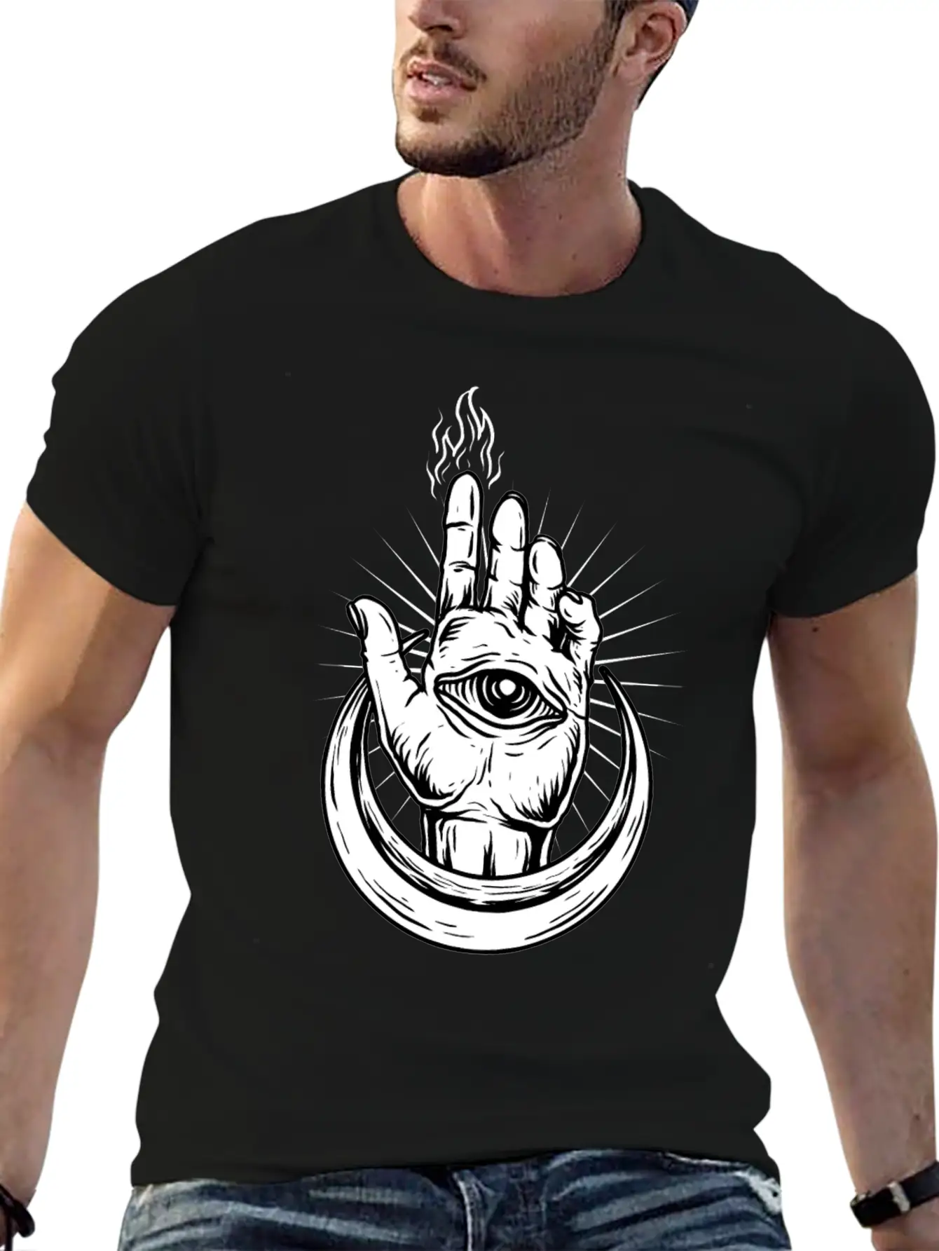 Hand With Eye And Half Moon Classic Fit Graphic Tee For Daily Comfort – Unisex Cotton Shirt