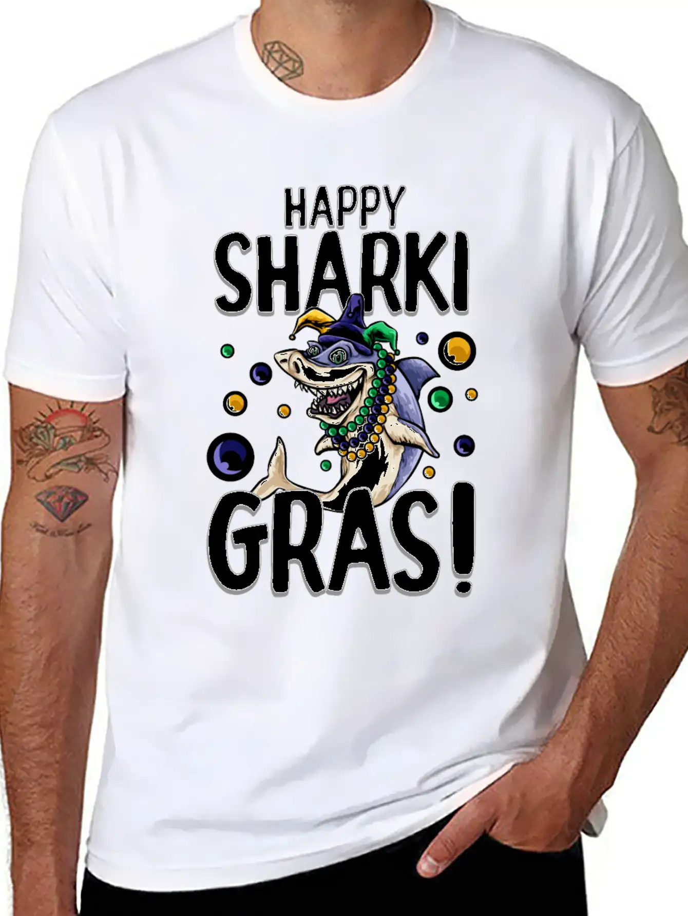 Happy Sharki Gras Unisex Short Sleeve Soft Cotton T-Shirt – Casual Everyday Wear