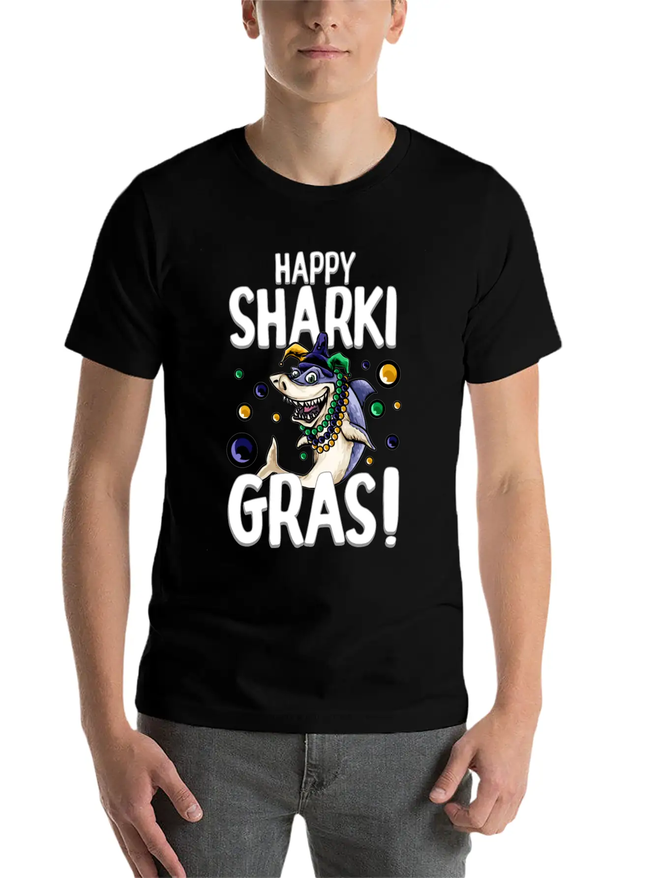 Happy Sharki Gras Unisex Short Sleeve Soft Cotton T-Shirt – Casual Everyday Wear